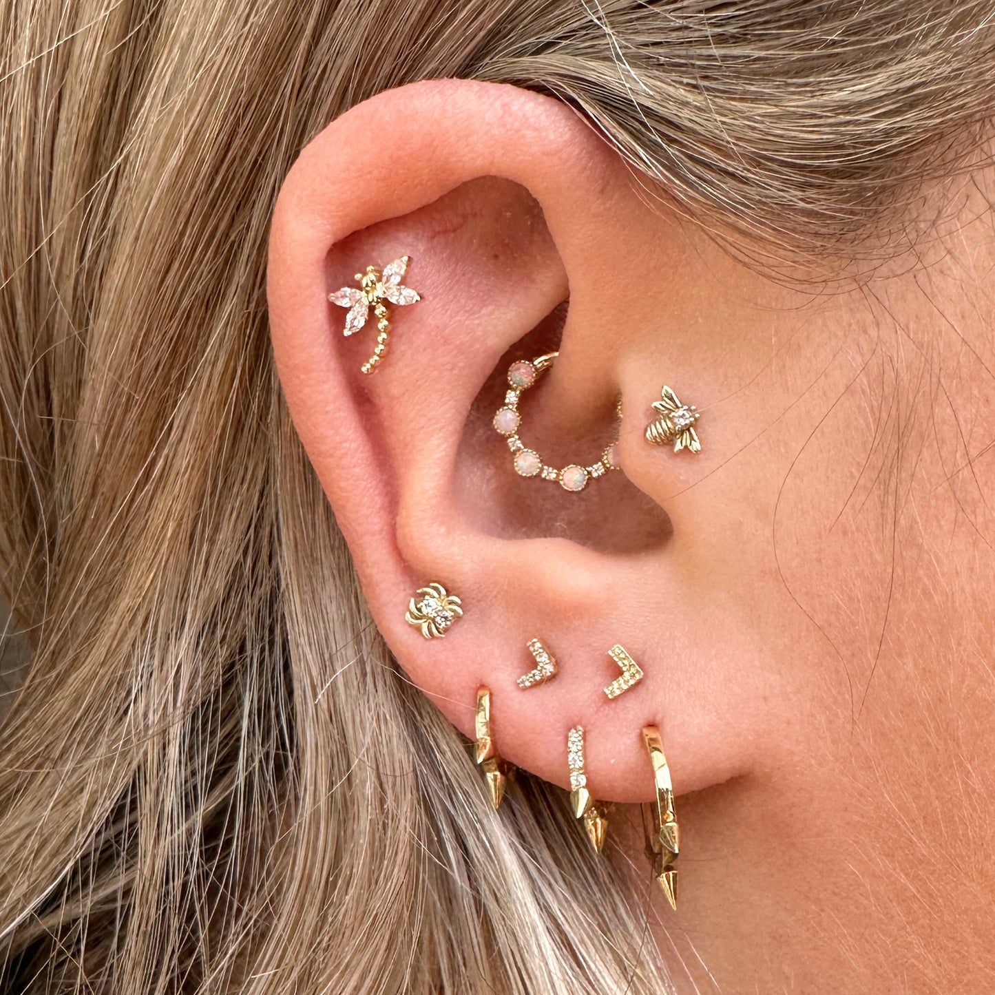 9k solid yellow gold white opal halo hoop for daith or septum
