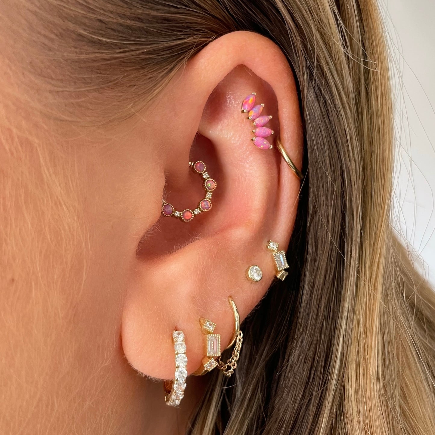 9k solid yellow gold Flora pink opal halo hoop for daith or septum
