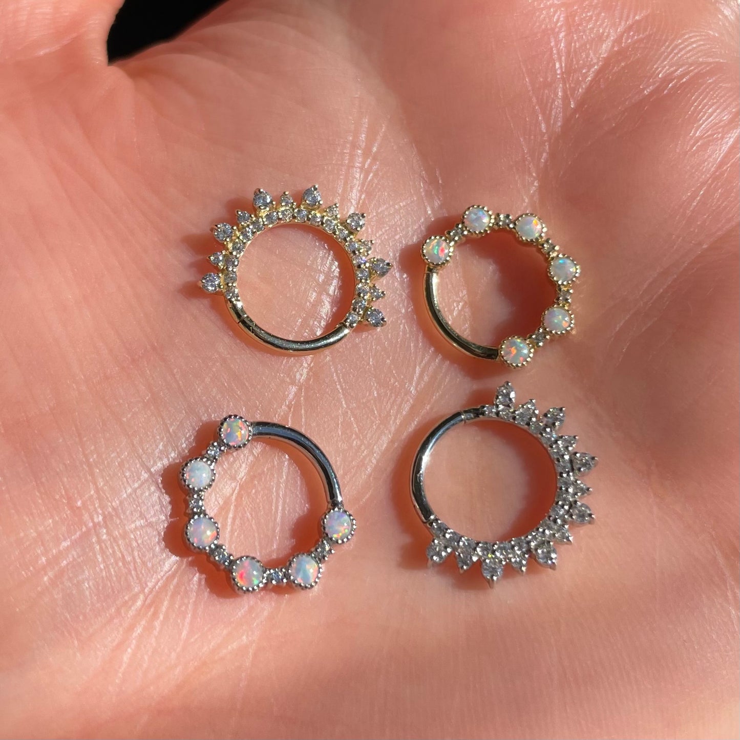 9k solid white gold white opal halo hoop for daith or septum