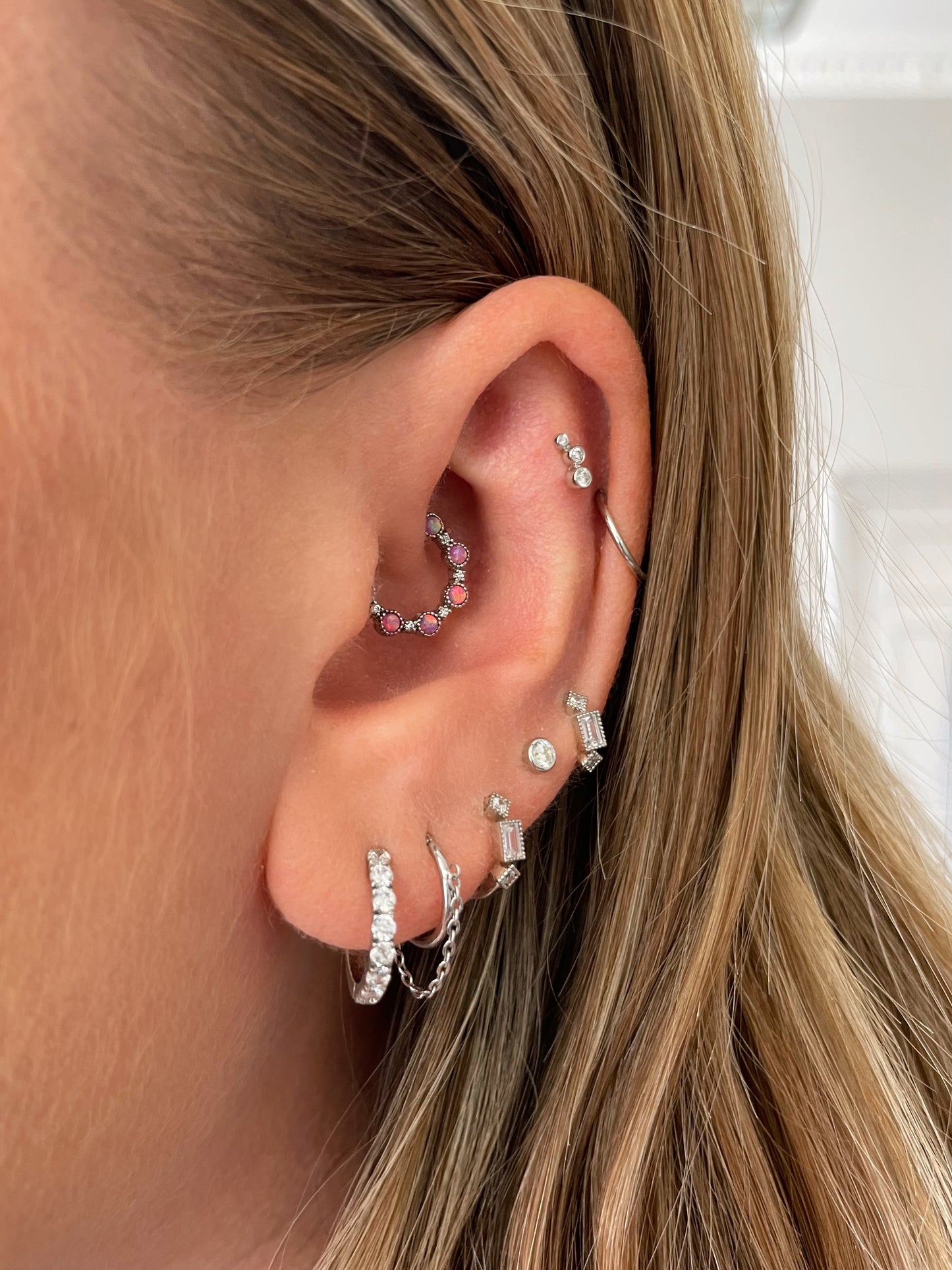 9k solid white gold Flora pink opal halo hoop for daith or septum