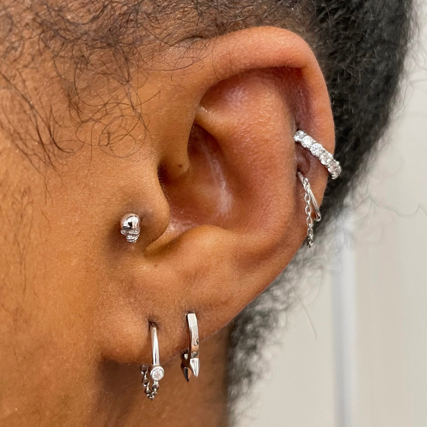 9k solid white gold crystal chain huggie earring pair