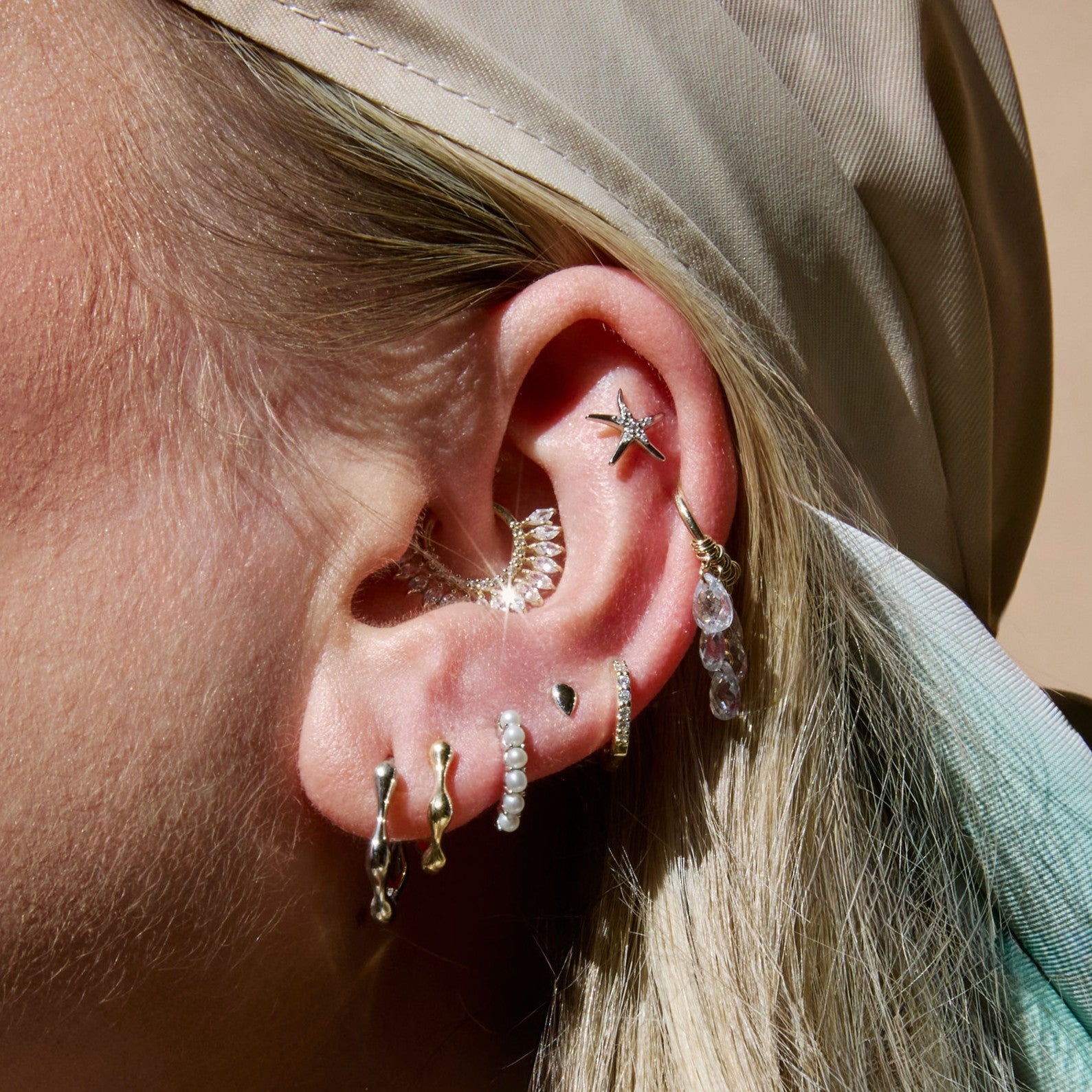 astrid miyu 9k solid yellow gold Pure Shores 5 crystal charm clicker hoop earring 8mm Huggies and Hoops Laura Bond