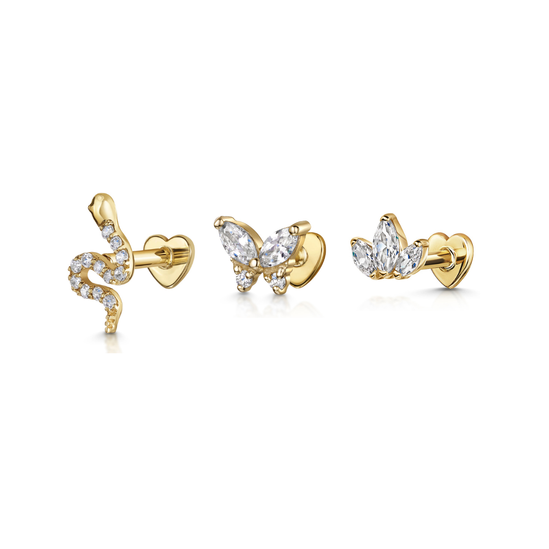 The botanical stacking set - 9k solid yellow gold flat back labret stud earring set