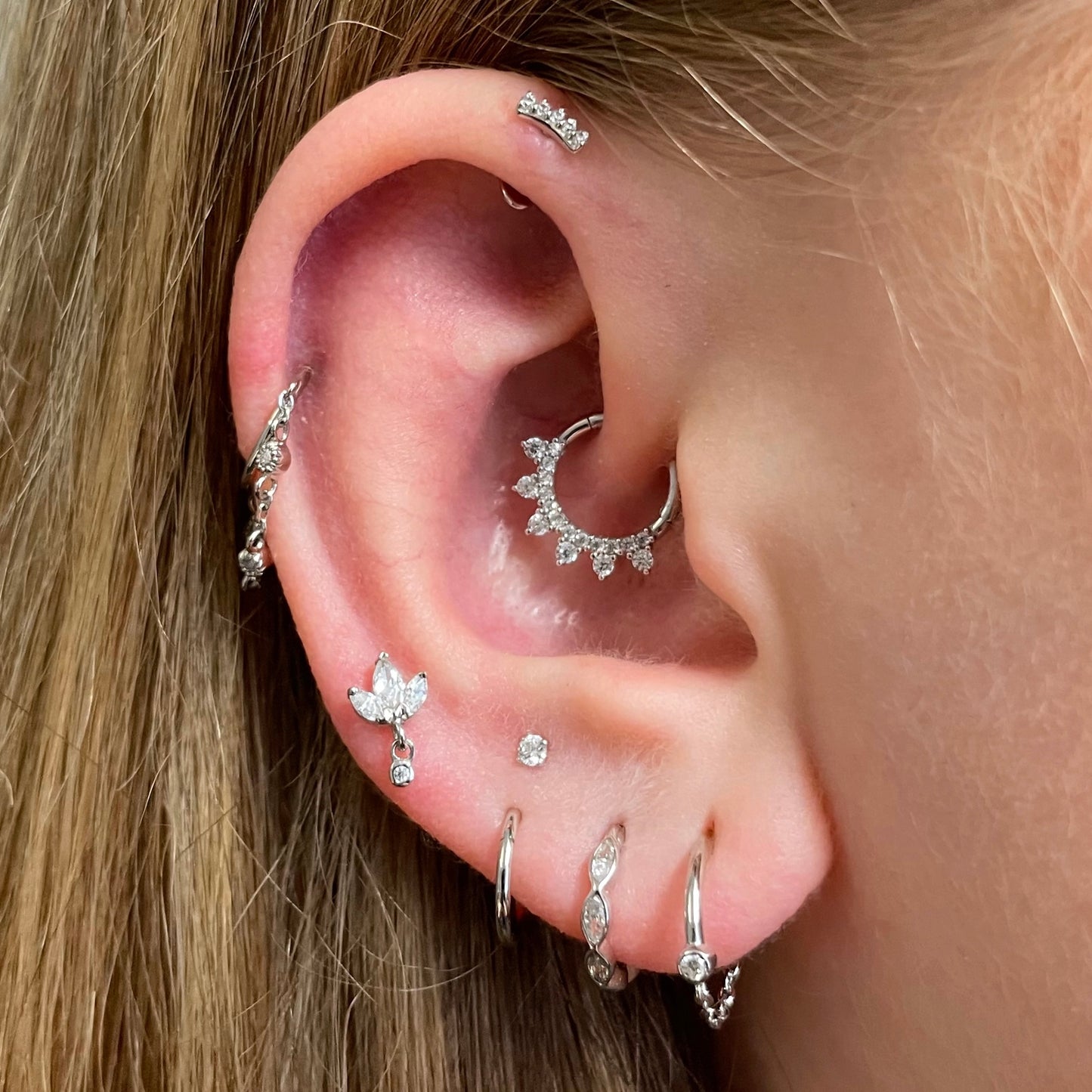 astrid miyu 9k solid white gold 8mm 16g white crystal pavé hoop for daith or septum Huggies and Hoops Laura Bond