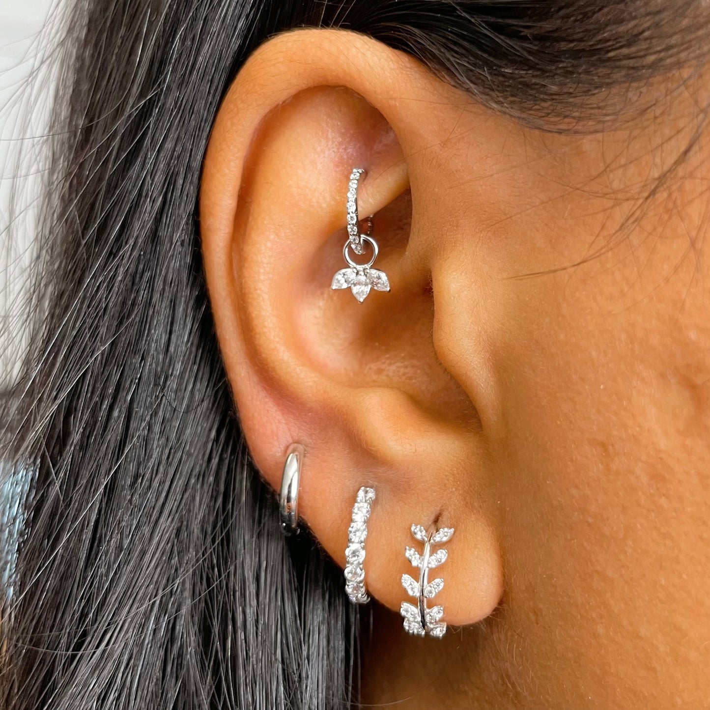 astrid miyu 9k solid white gold Aphrodite vine leaf huggie earring pair Earring Pairs Laura Bond