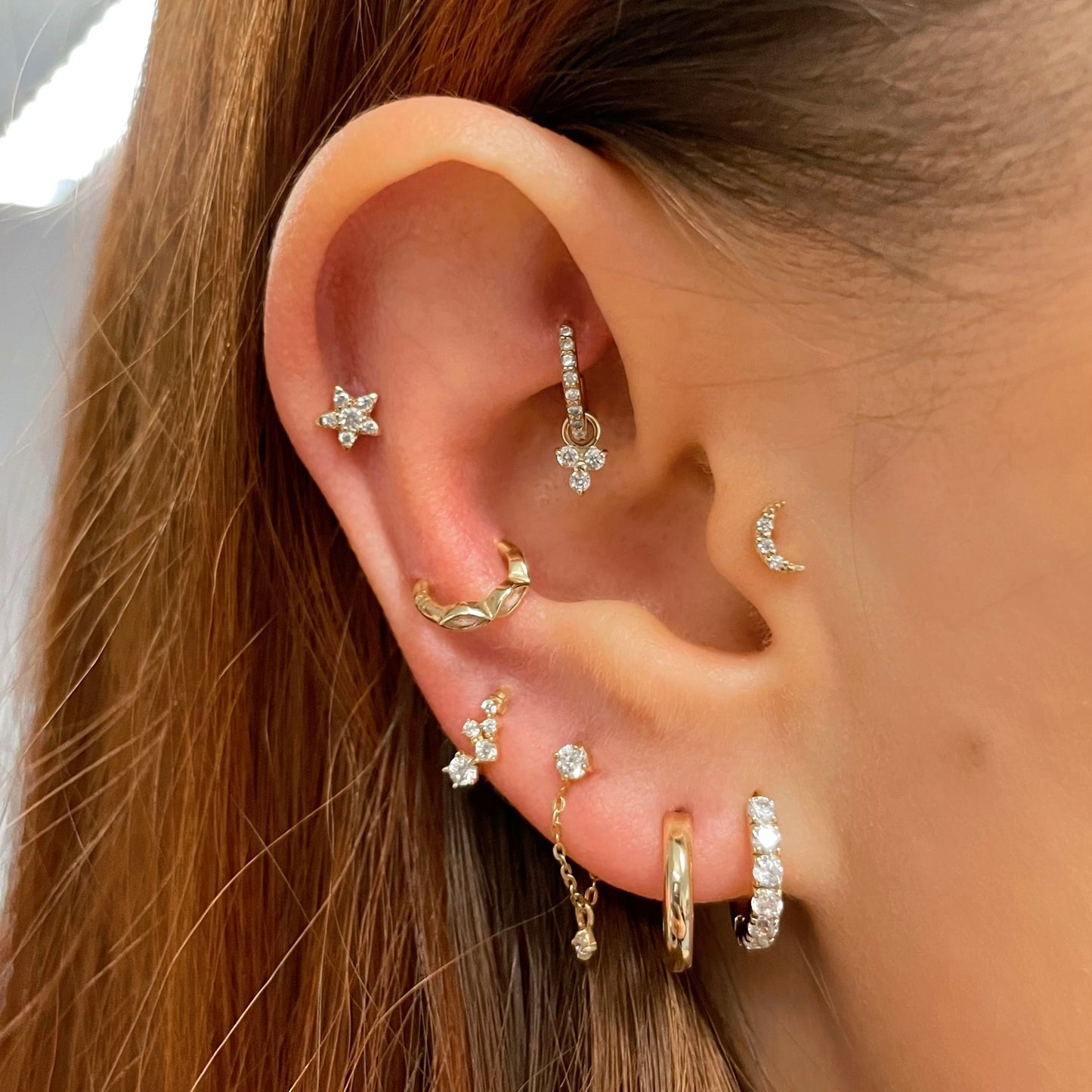 9k solid yellow gold 6mm crystal clicker hoop earring with crystal trio charm Huggies and Hoops Laura Bond Maria Tash astrid miyu