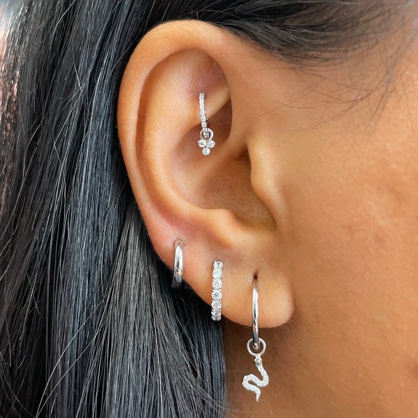 astrid miyu 9k solid white gold 6mm 18g crystal clicker hoop earring with crystal trio charm Huggies and Hoops Laura Bond