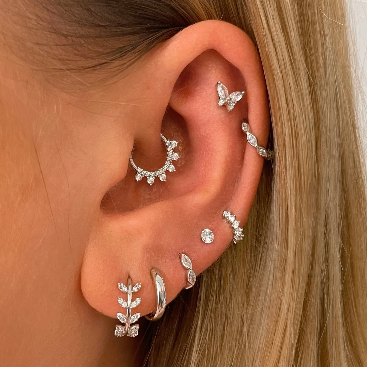 astrid miyu 9k solid white gold 8mm 16g white crystal pavé hoop for daith or septum Huggies and Hoops Laura Bond