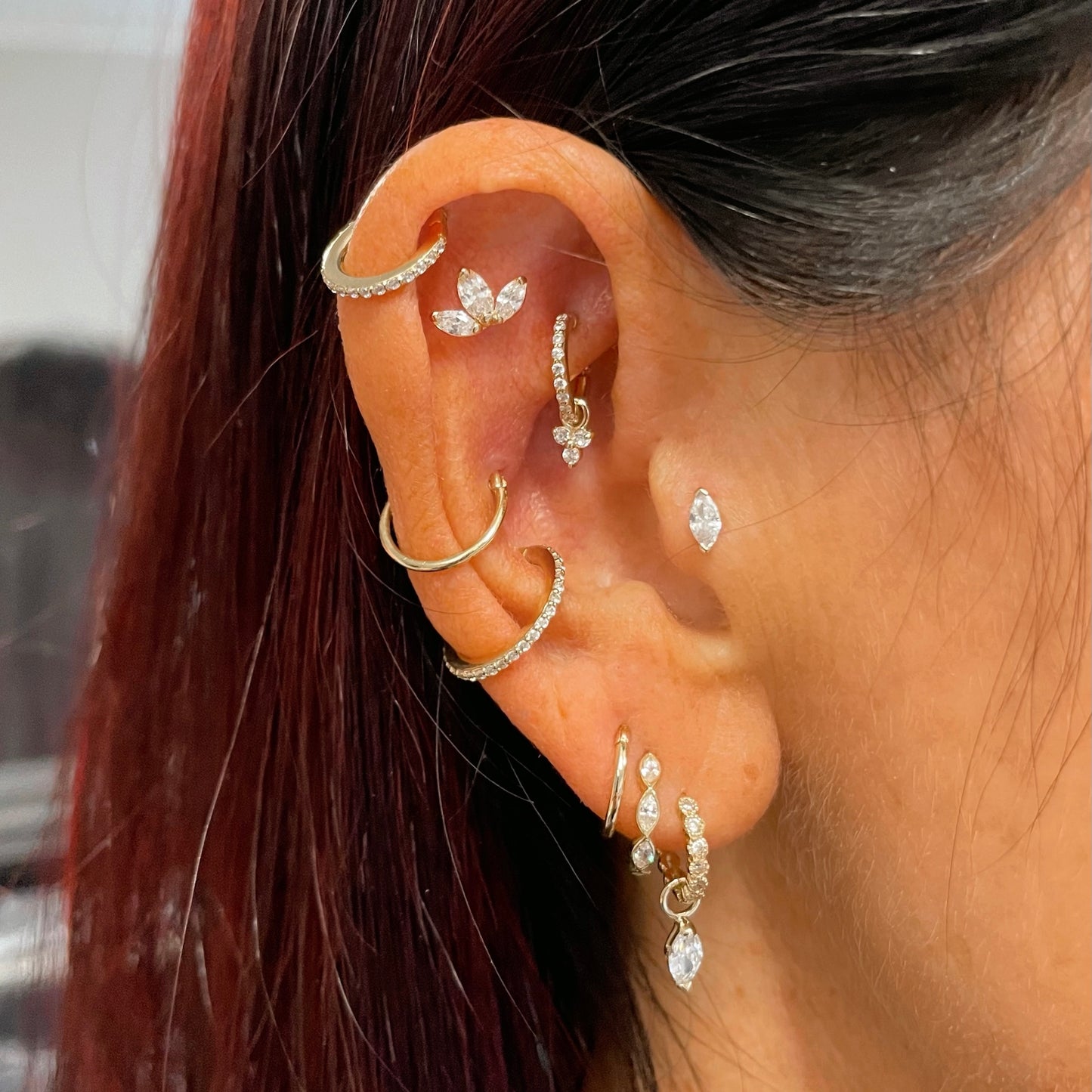 9k solid yellow gold 6mm crystal clicker hoop earring with crystal trio charm Huggies and Hoops Laura Bond Maria Tash astrid miyu