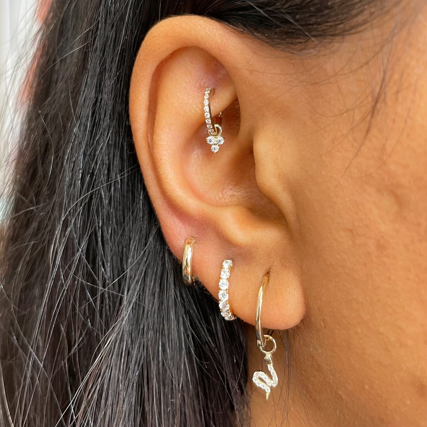 9k solid yellow gold 6mm crystal clicker hoop earring with crystal trio charm Huggies and Hoops Laura Bond Maria Tash astrid miyu