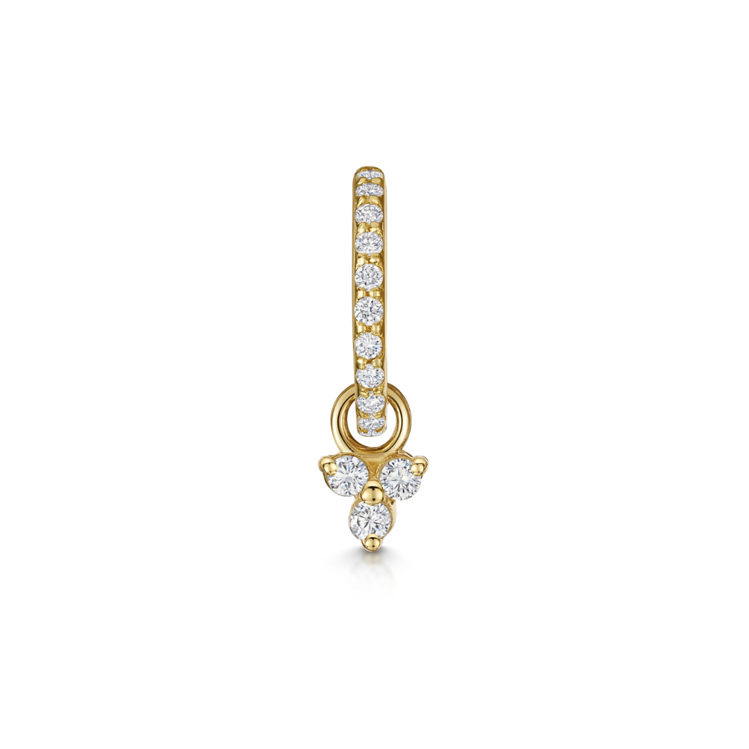 9k solid yellow gold 6mm crystal clicker hoop earring with crystal trio charm Huggies and Hoops Laura Bond Maria Tash astrid miyu