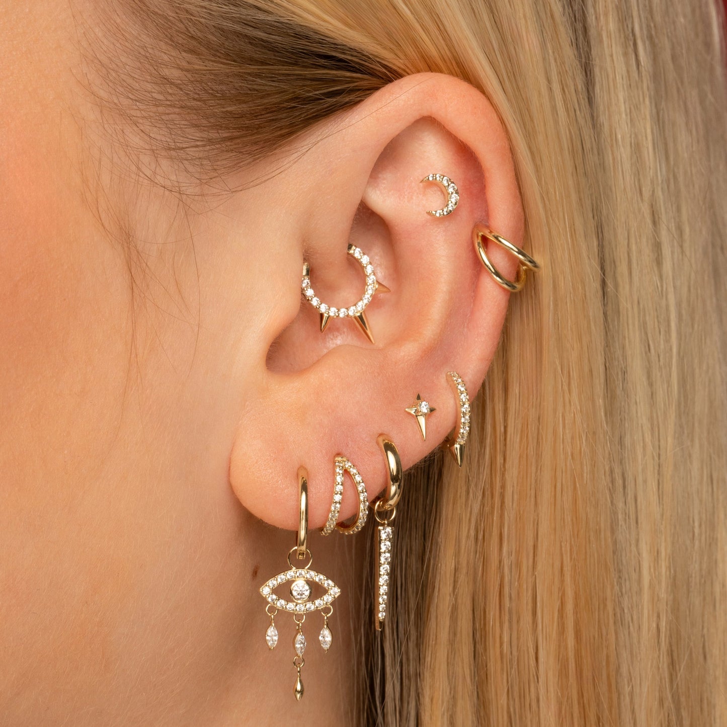 astrid miyu 9k solid yellow gold crystal triple spike clicker hoop earring for daith or septum 8mm Huggies and Hoops Laura Bond