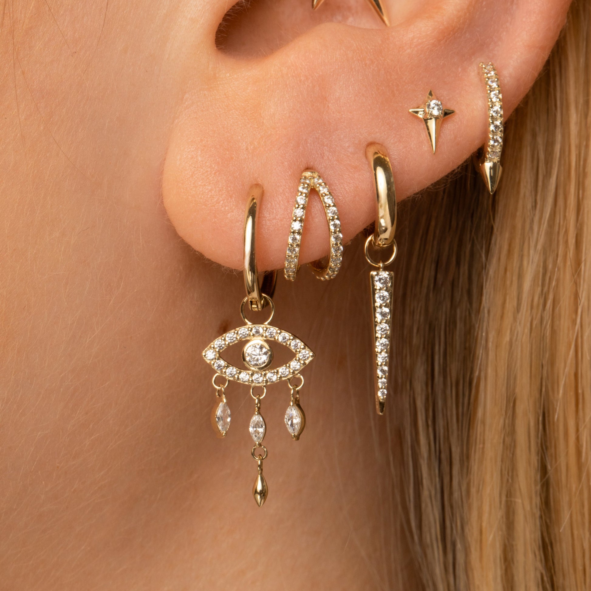 astrid miyu 9k solid yellow gold Mystic Eye marquise drop earring charm Chains and Charms Laura Bond