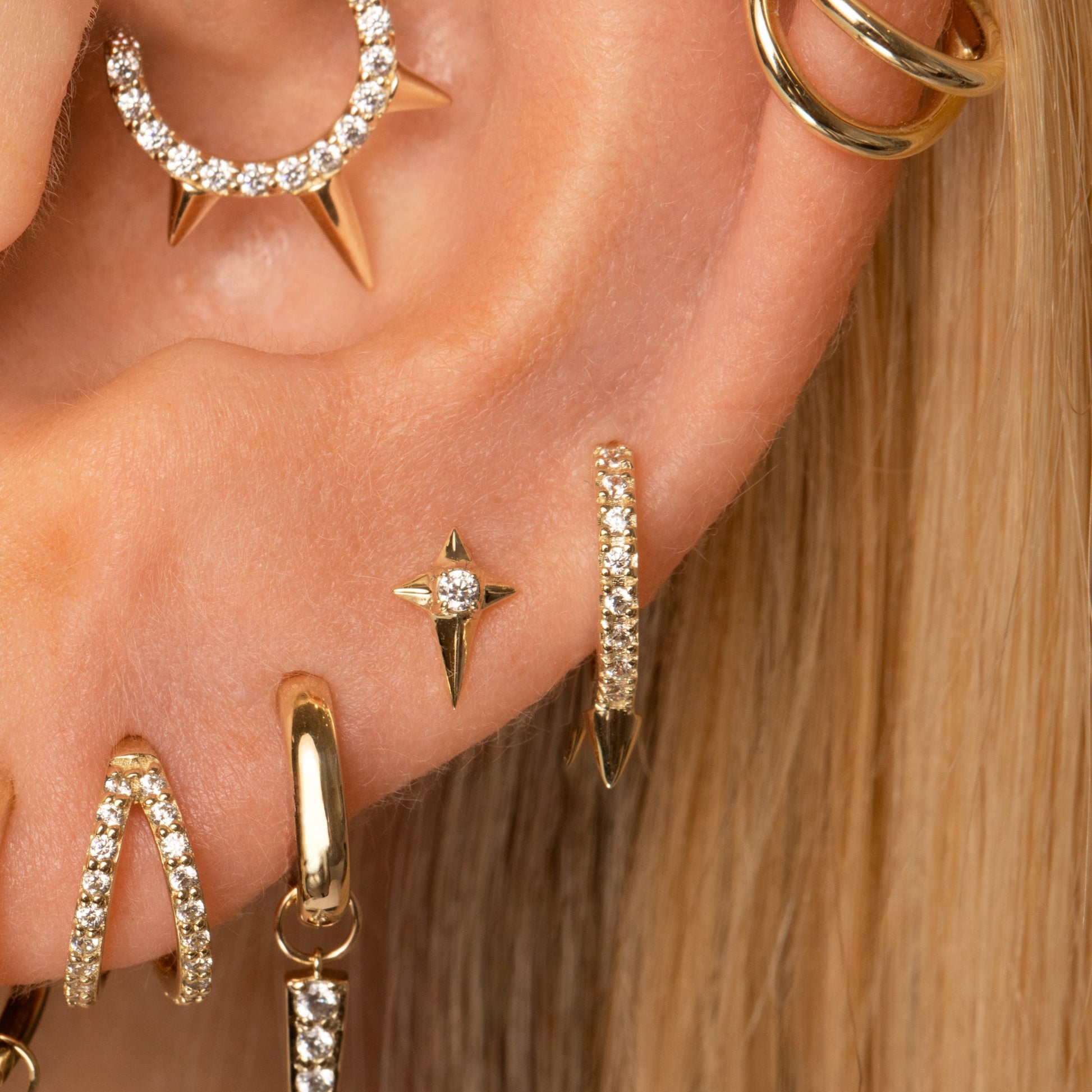 astrid miyu 9k solid yellow gold crystal single spike huggie hoop earring Huggies and Hoops Laura Bond