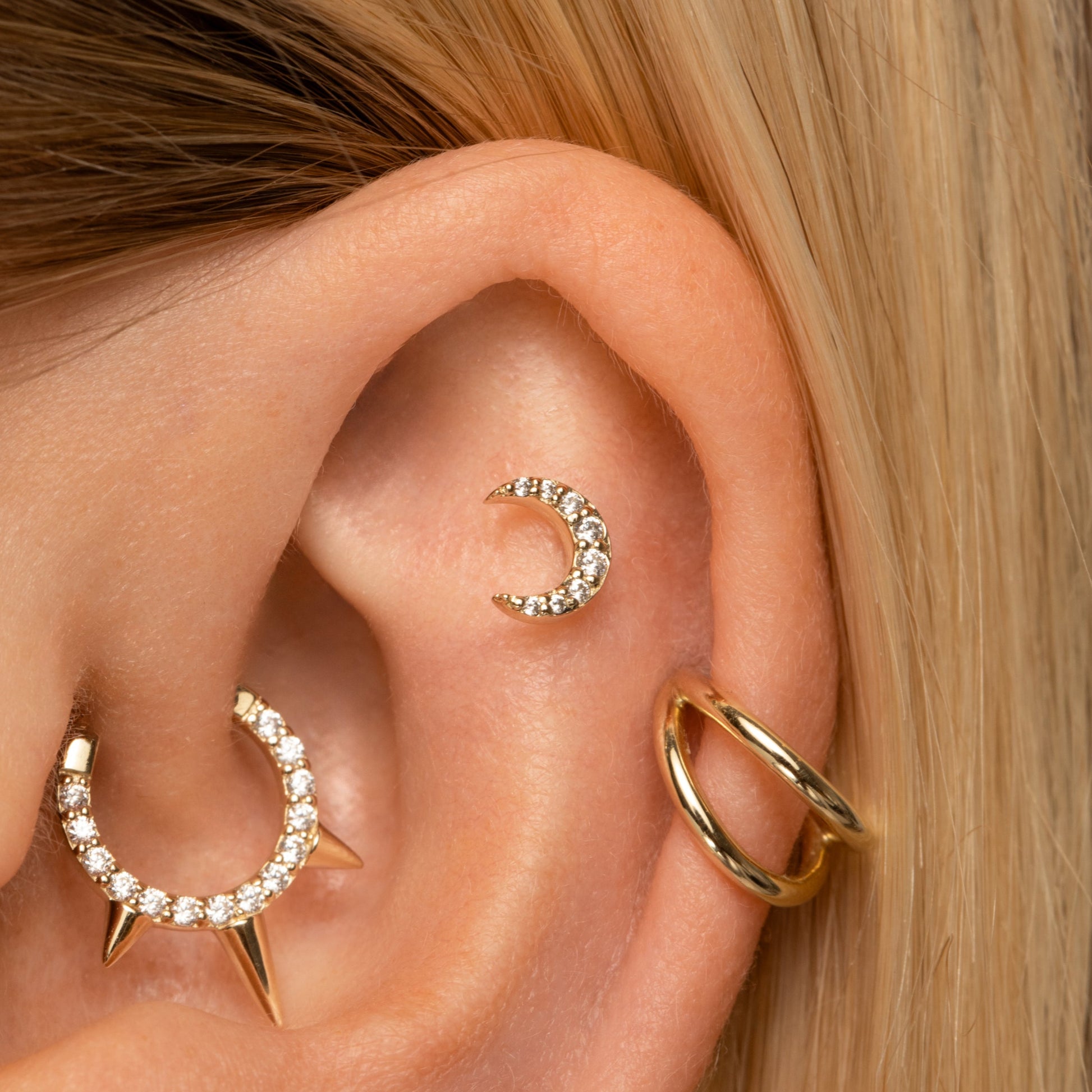 astrid miyu 9k solid yellow gold Lunette moon flat back labret stud earring Cartilage Studs Laura Bond