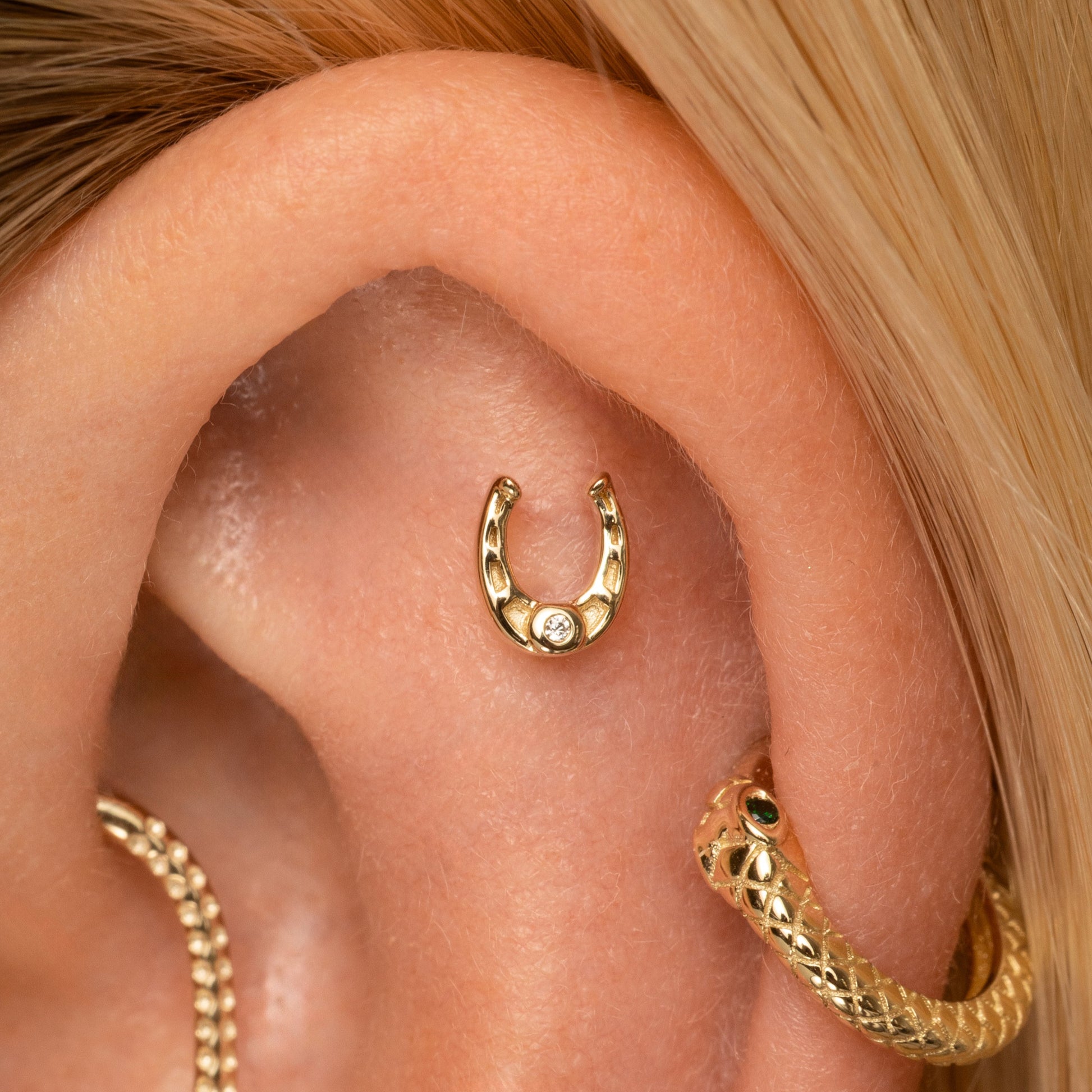 astrid miyu 9k solid yellow gold Lucky horseshoe flat back labret stud earring Cartilage Studs Laura Bond