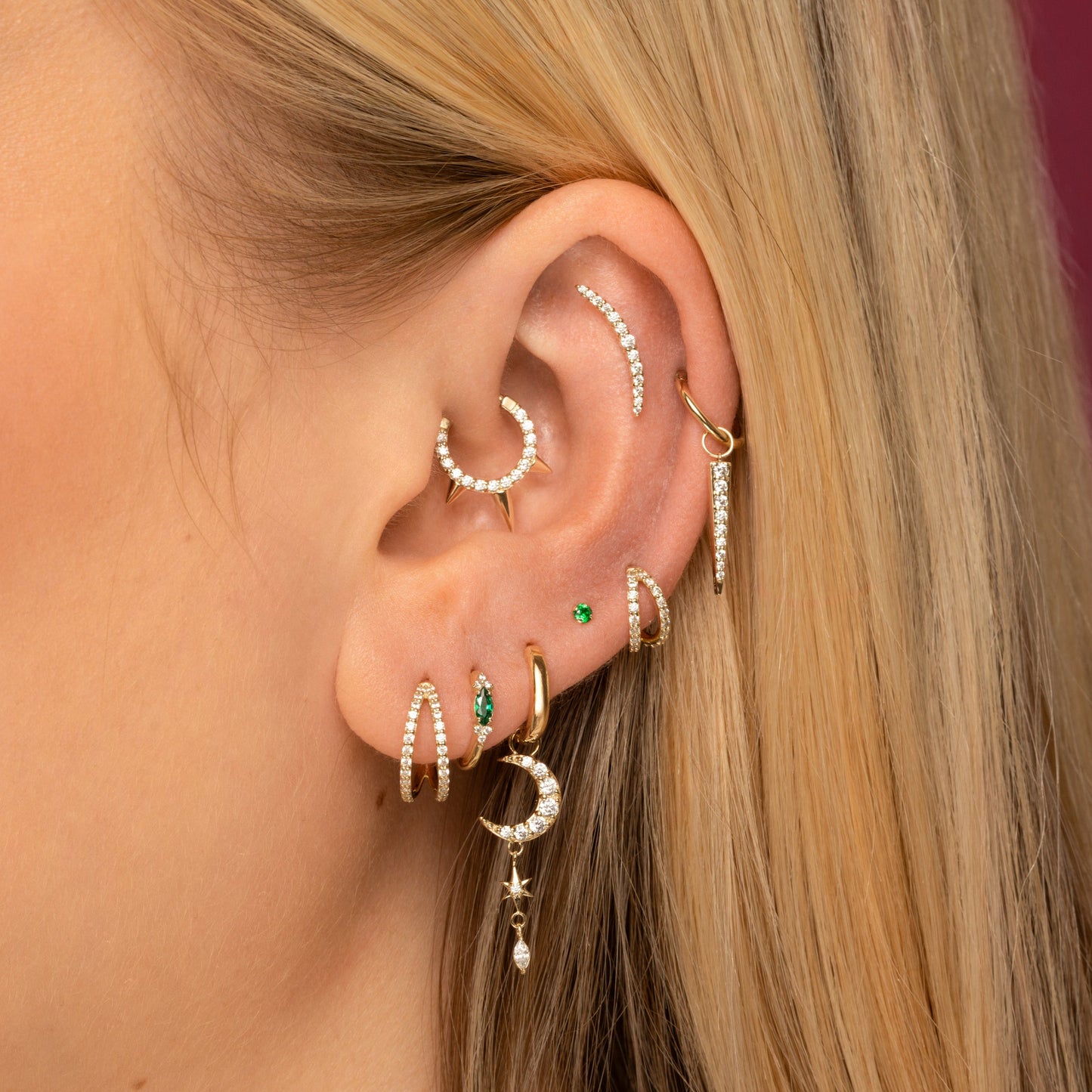 astrid miyu 9k solid yellow gold crystal triple spike clicker hoop earring for daith or septum 8mm Huggies and Hoops Laura Bond