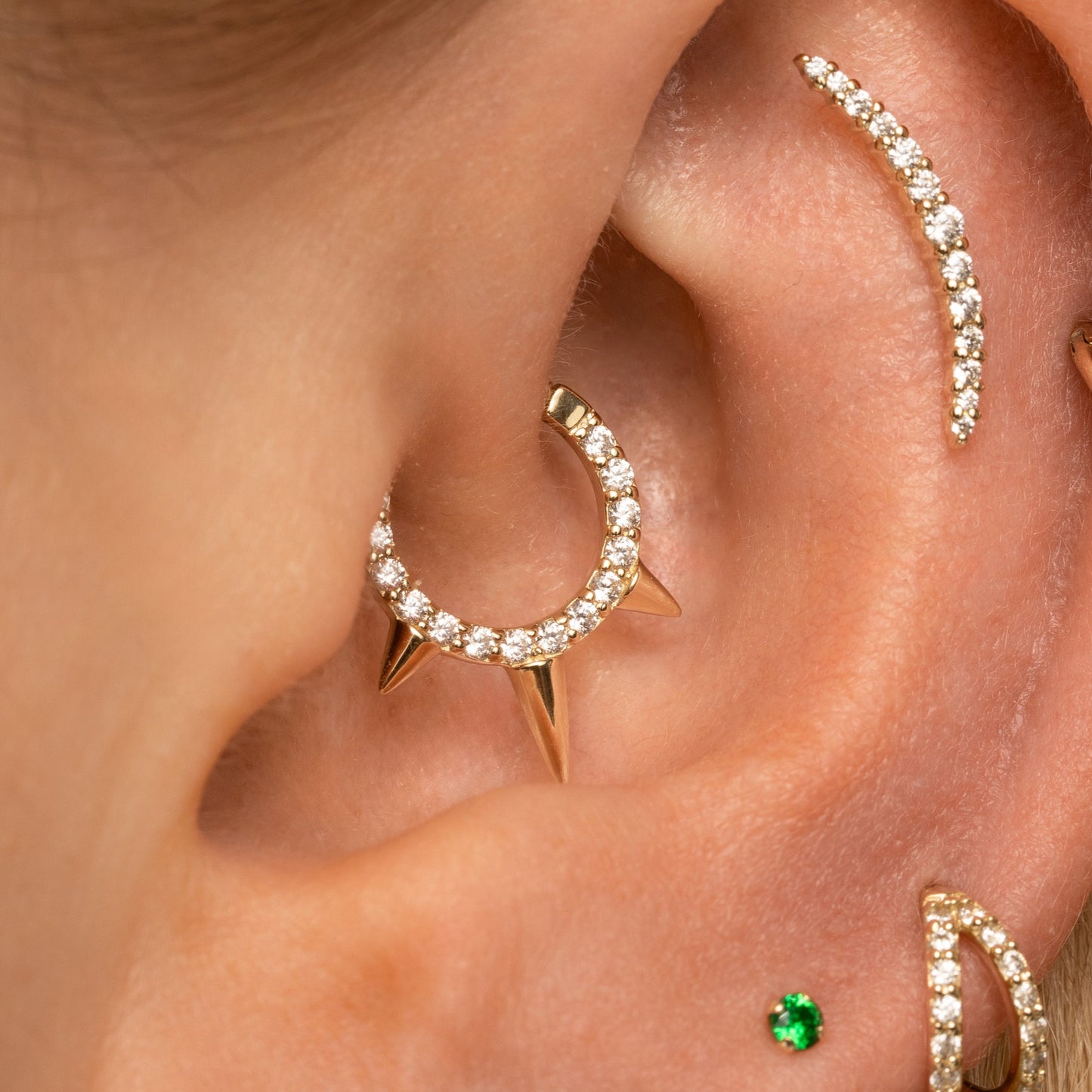 astrid miyu 9k solid yellow gold crystal triple spike clicker hoop earring for daith or septum 8mm Huggies and Hoops Laura Bond
