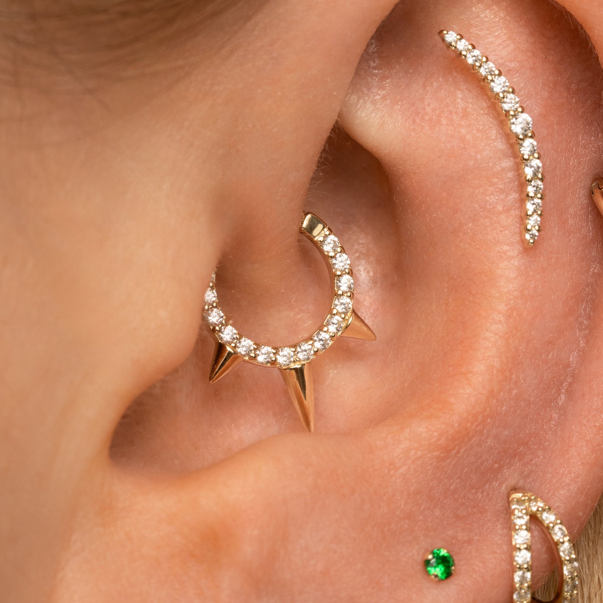astrid miyu 9k solid yellow gold crystal triple spike clicker hoop earring for daith or septum 8mm Huggies and Hoops Laura Bond