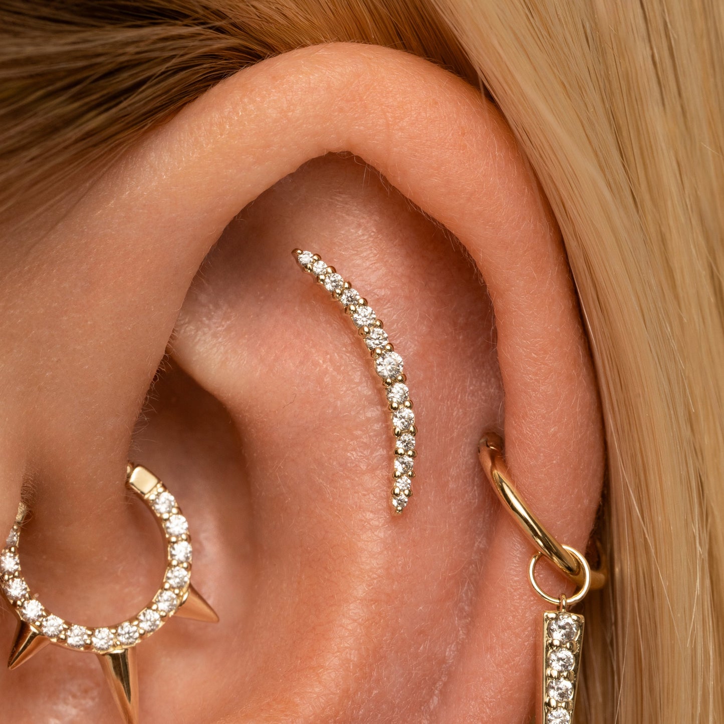 astrid miyu 14k solid yellow gold Aurora curved flat back labret stud earring Cartilage Studs Laura Bond