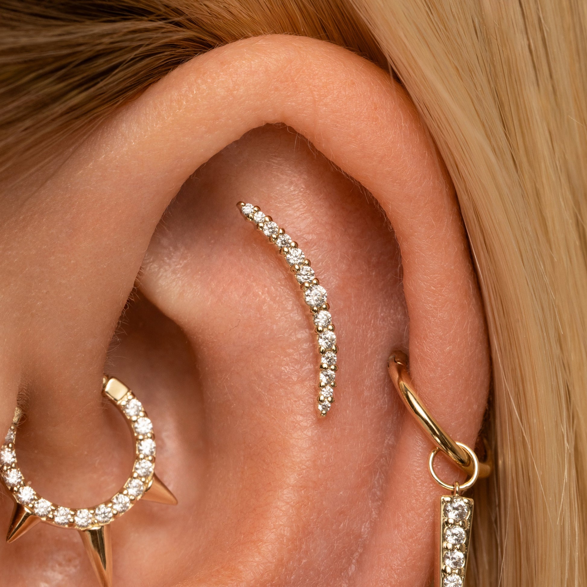 astrid miyu 14k solid yellow gold Aurora curved flat back labret stud earring Cartilage Studs Laura Bond