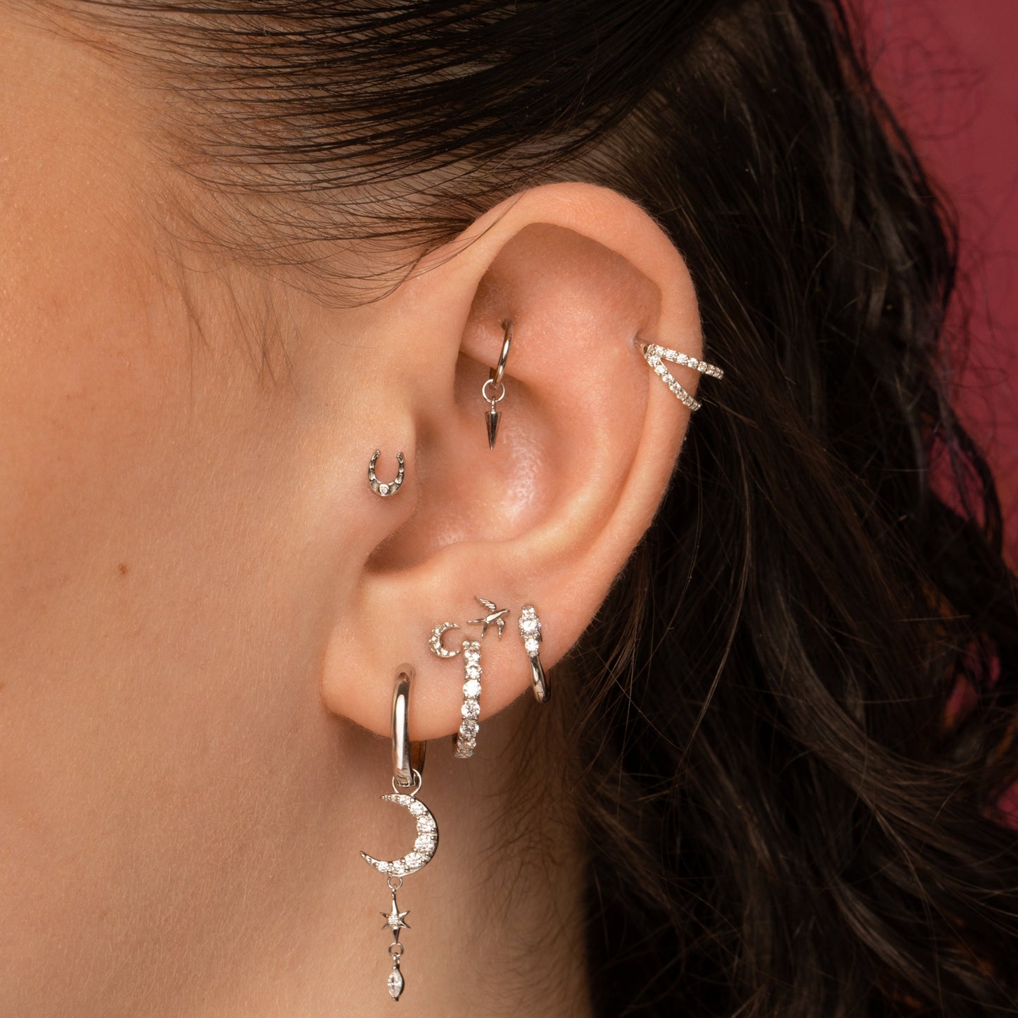 astrid miyu 9k solid white gold dainty three stone 8mm huggie hoop earring Huggies and Hoops Laura Bond
