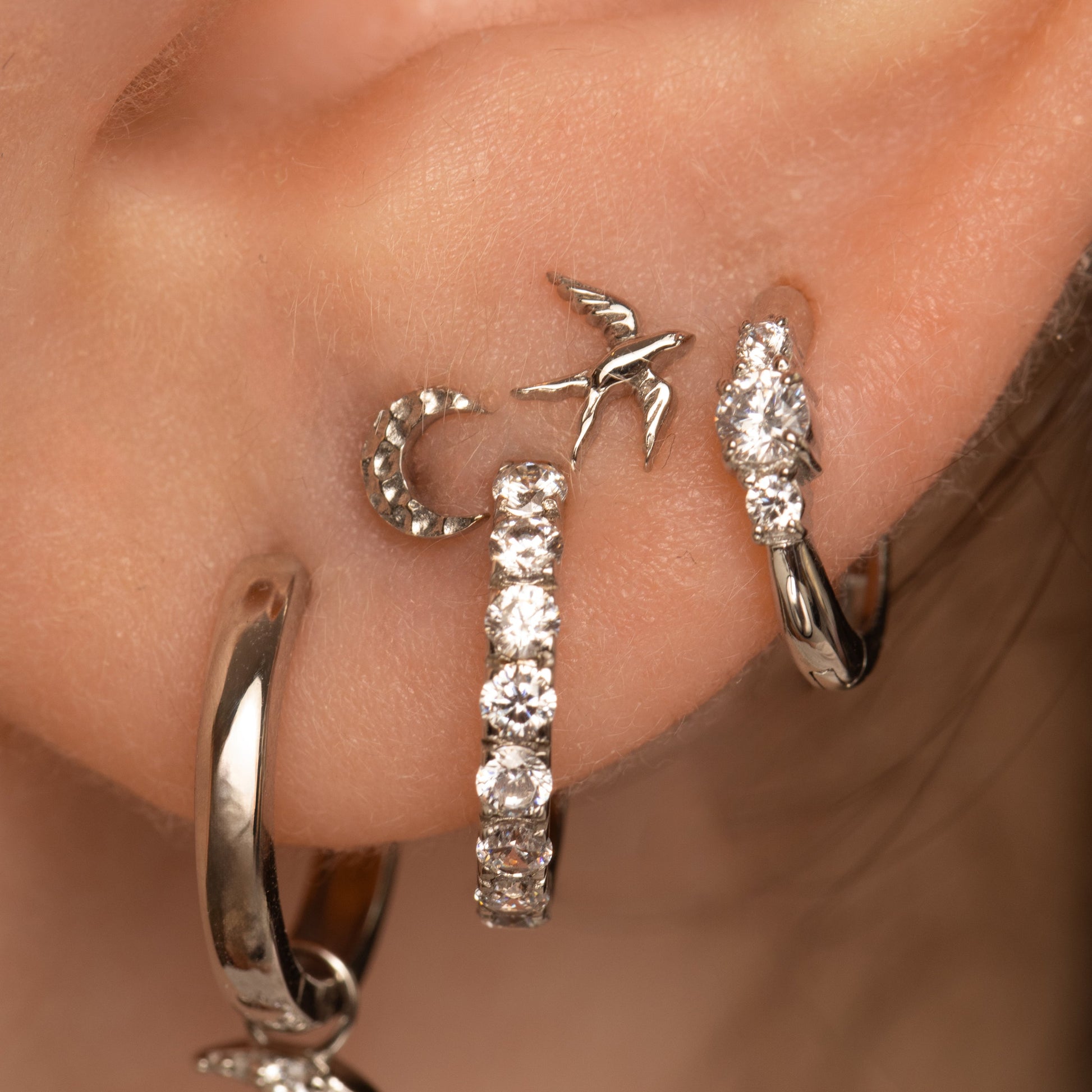 astrid miyu 9k solid white gold dainty three stone 8mm huggie hoop earring Huggies and Hoops Laura Bond