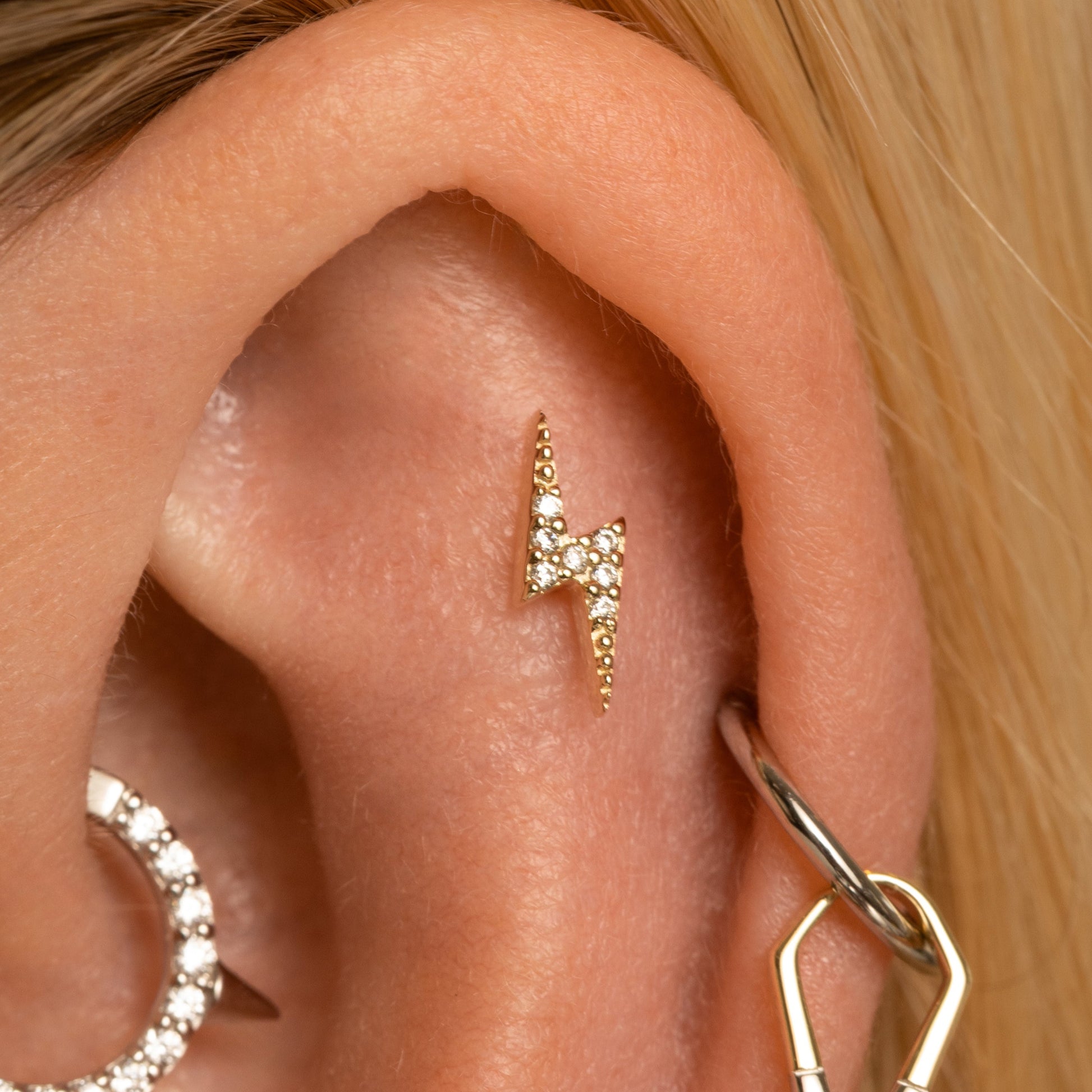astrid miyu 14k solid yellow gold Flash lightning bolt flat back labret stud earring Cartilage Studs Laura Bond