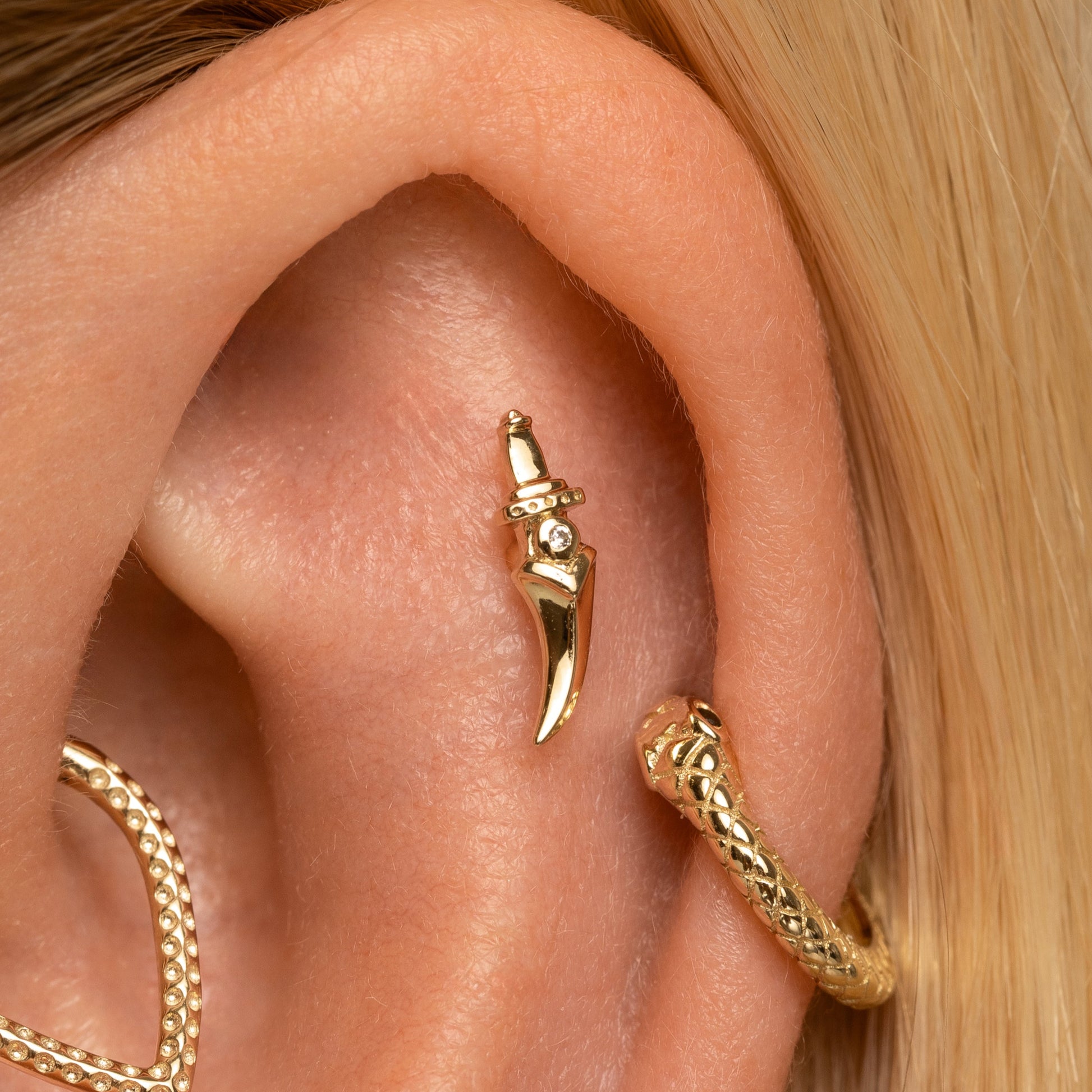 astrid miyu 9k solid yellow gold Zira curved dagger flat back labret stud earring Cartilage Studs Laura Bond