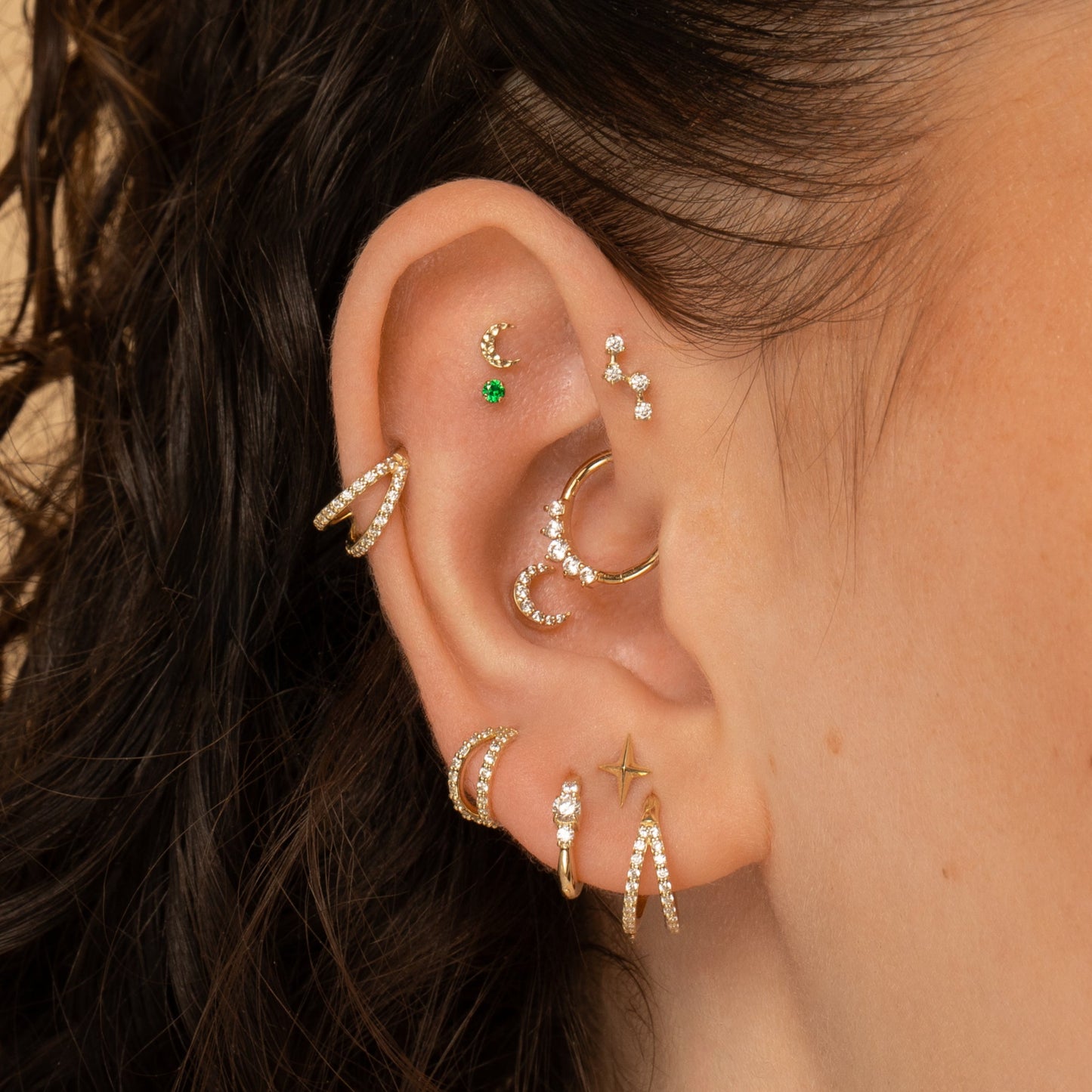 astrid miyu 9k solid yellow gold dainty three stone 8mm huggie hoop earring Huggies and Hoops Laura Bond