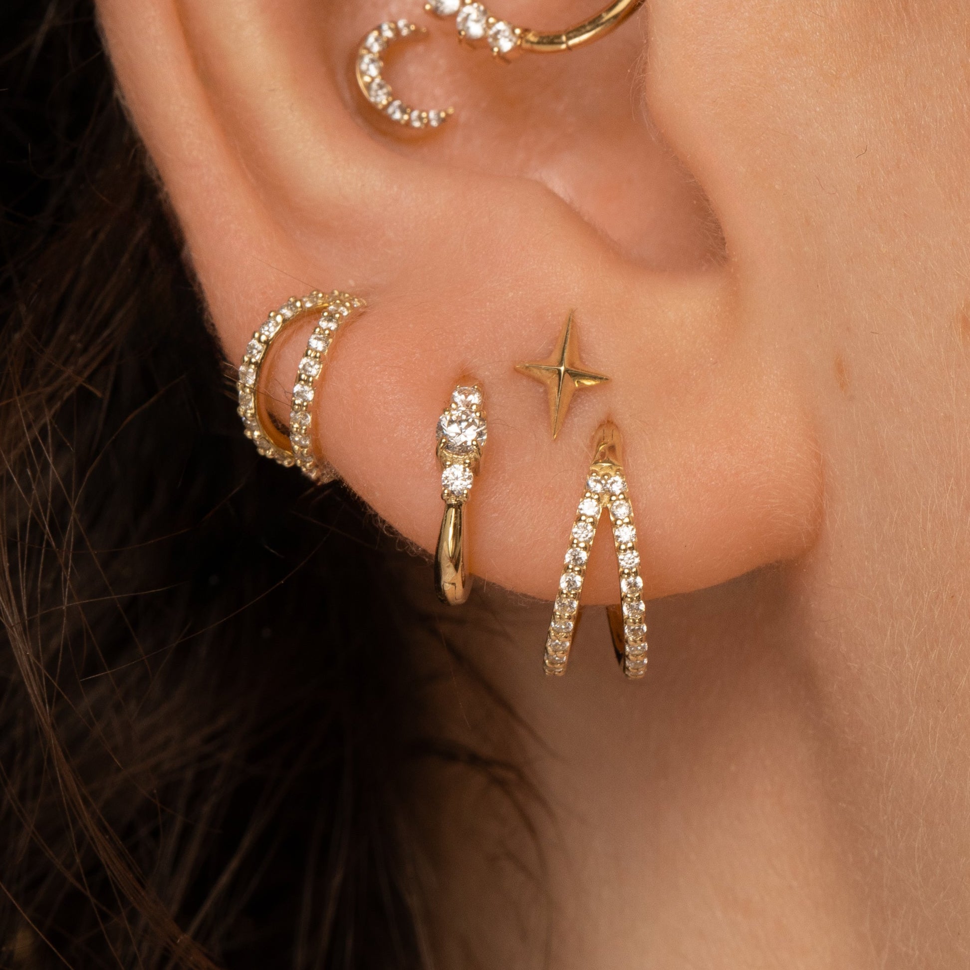 astrid miyu 9k solid yellow gold dainty three stone 8mm huggie hoop earring Huggies and Hoops Laura Bond