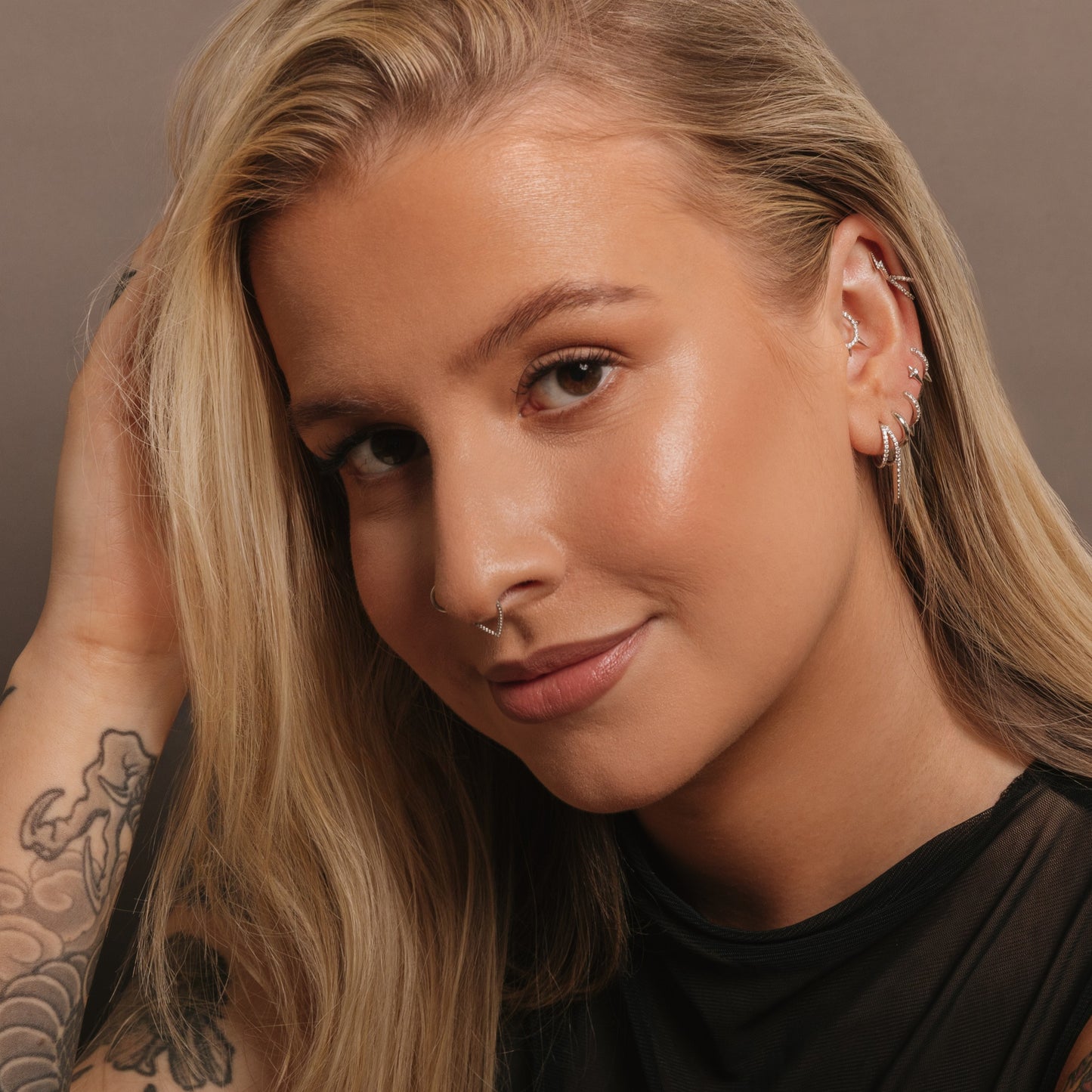 astrid miyu 9k solid white gold Vara textured clicker hoop earring for daith or septum 8mm Huggies and Hoops Laura Bond