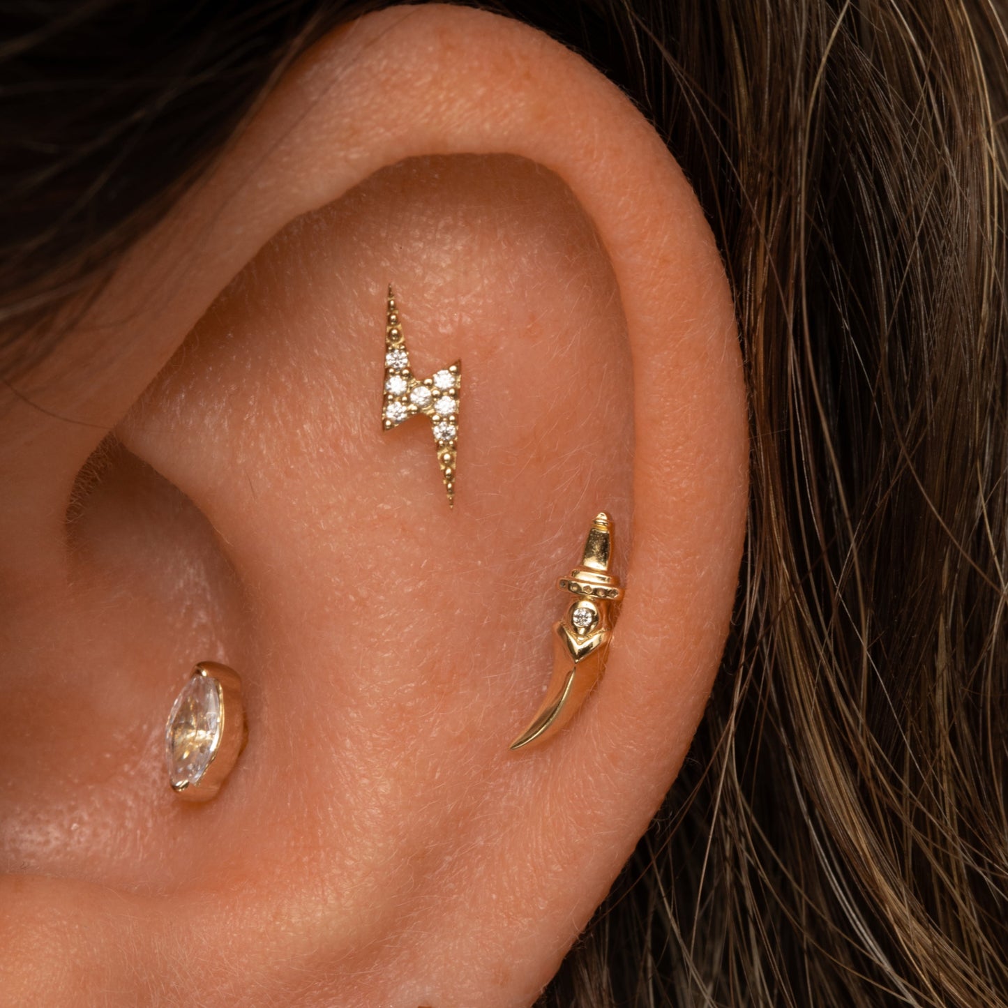 astrid miyu 14k solid yellow gold Zira curved dagger flat back labret stud earring Cartilage Studs Laura Bond