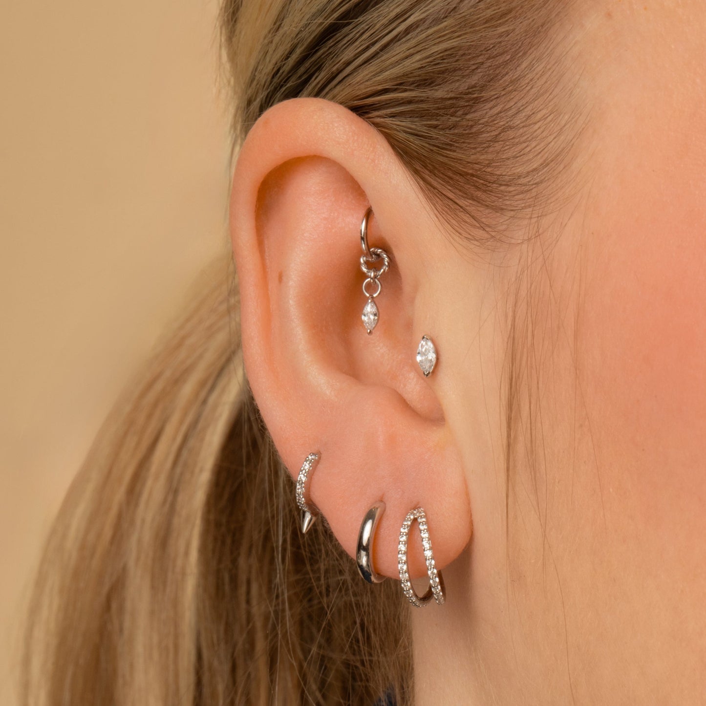 astrid miyu 9k solid white gold crystal single spike huggie hoop earring Huggies and Hoops Laura Bond
