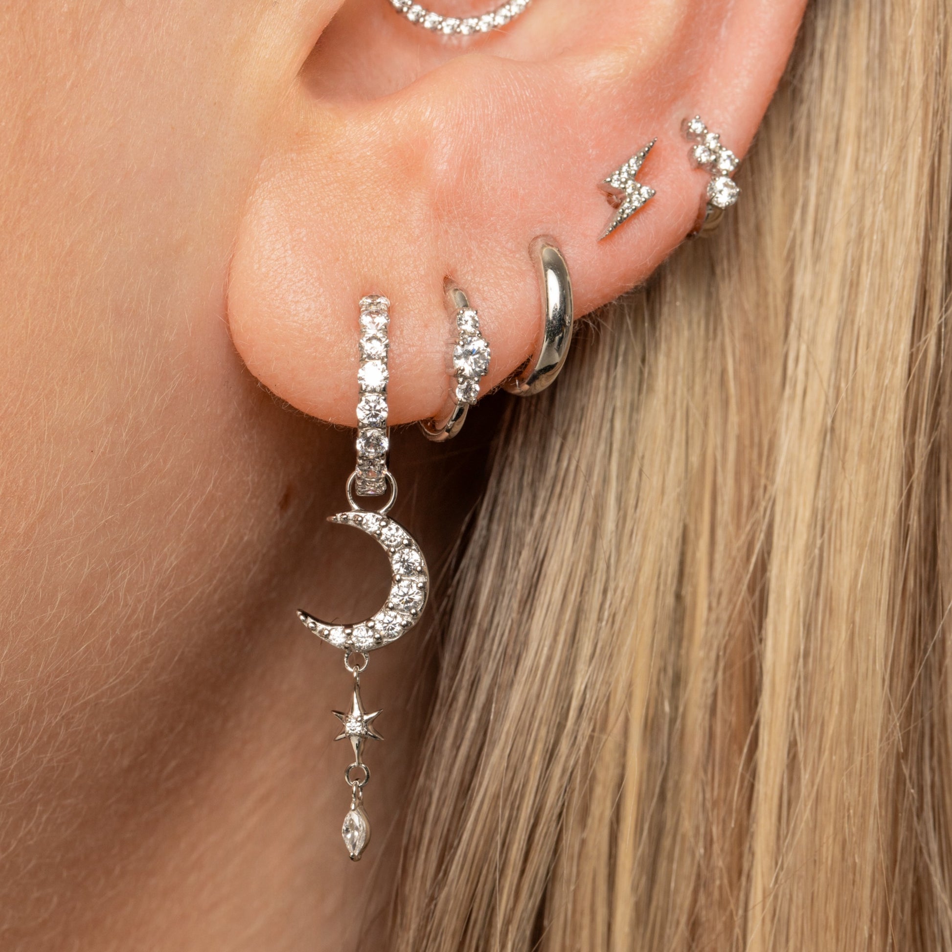 astrid miyu 9k solid white gold dainty three stone 8mm huggie hoop earring Huggies and Hoops Laura Bond