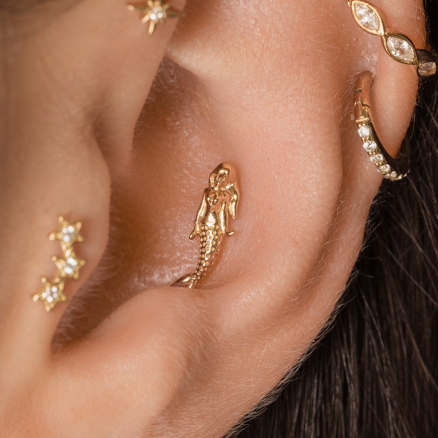 9k solid yellow gold mermaid flat back labret stud earring 6mm (left) Cartilage Studs Laura Bond Maria Tash