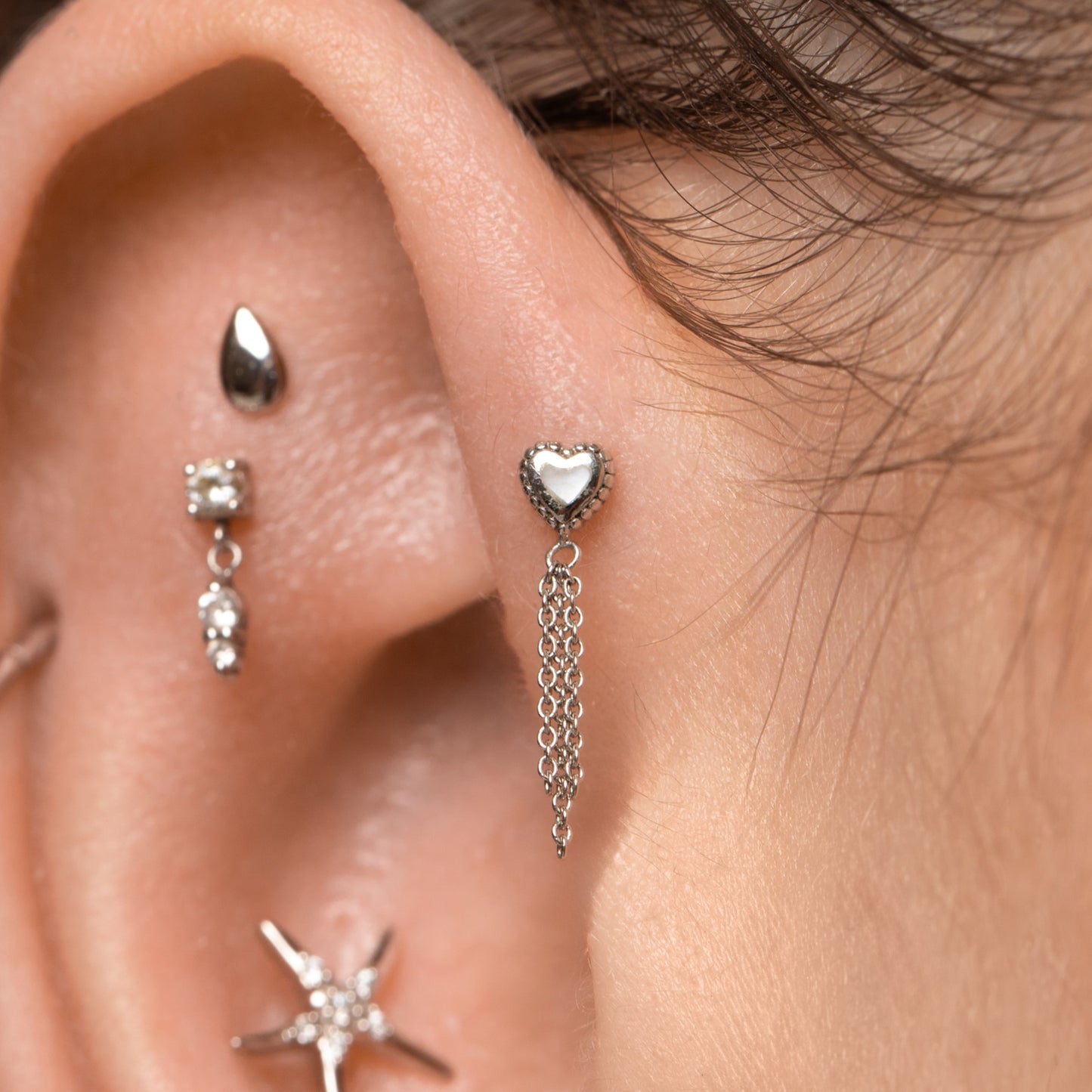 14k solid white gold Mother of Pearl chain flat back labret stud earring Cartilage Studs Laura Bond Maria Tash astrid miyu