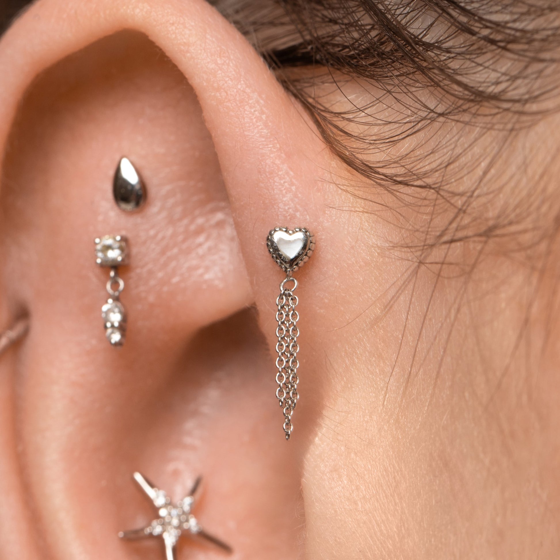 14k solid white gold Mother of Pearl chain flat back labret stud earring Cartilage Studs Laura Bond Maria Tash astrid miyu