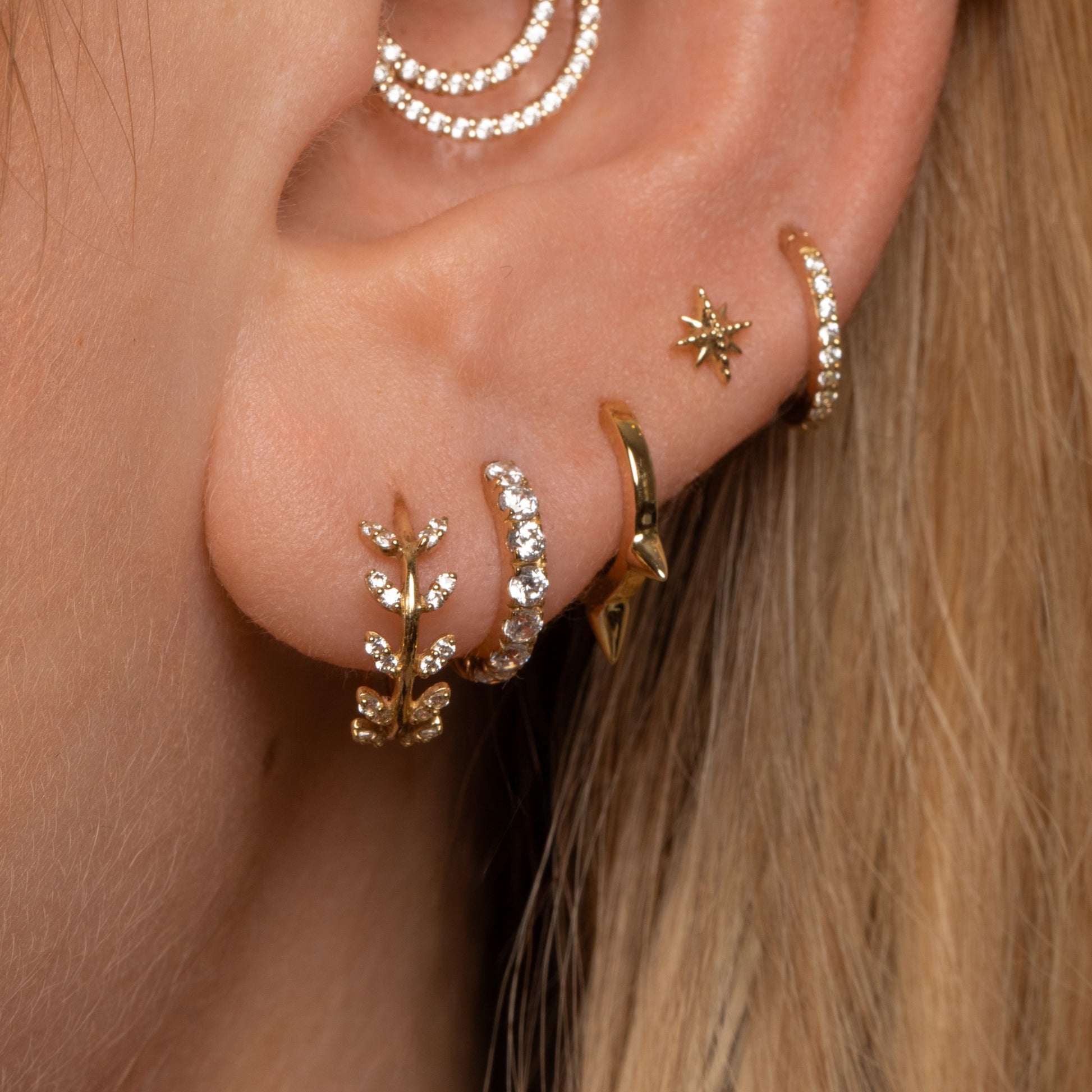 9k solid yellow gold Aphrodite vine leaf huggie earring pair Earring Pairs Laura Bond Maria Tash astrid miyu