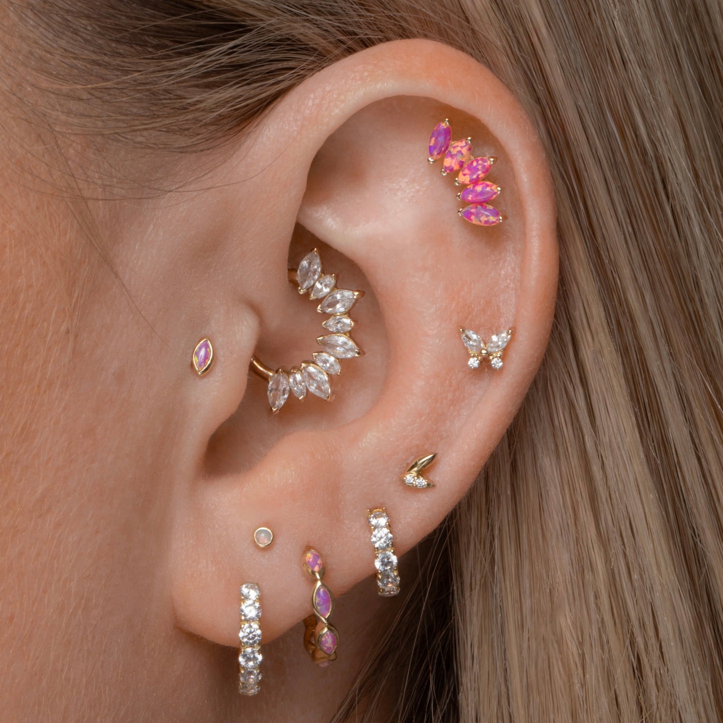 14k solid yellow gold Flora pink opal tiara flat back labret stud earring 8mm Cartilage Studs Laura Bond Maria Tash astrid miyu