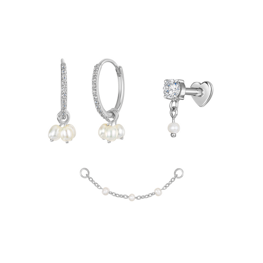 The pearl stacking set - 9k solid white gold huggie pair, labret stud and earring charm set