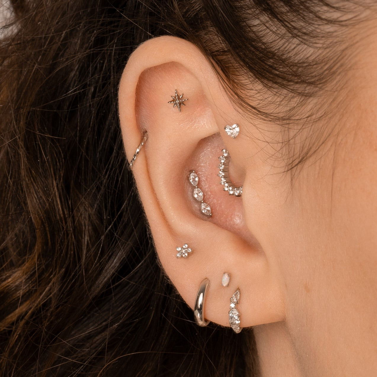 14k solid white gold crystal heart flat back labret stud earring Cartilage Studs Laura Bond Maria Tash
