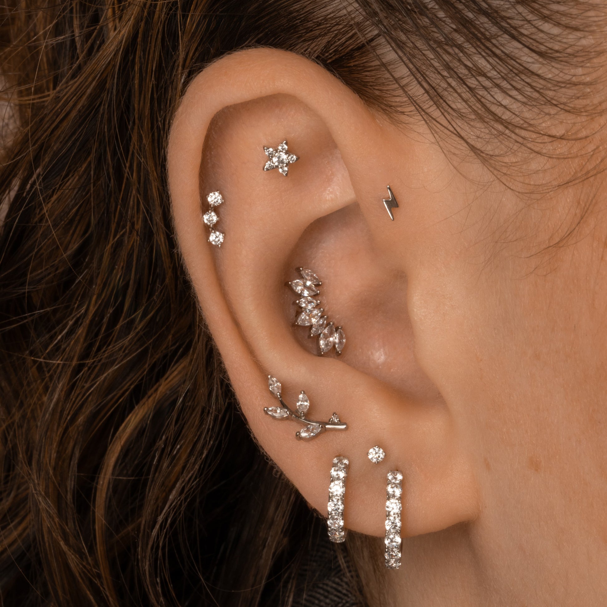 14k solid white gold tiny lightning bolt flat back labret stud earring 8mm Cartilage Studs Laura Bond Maria Tash