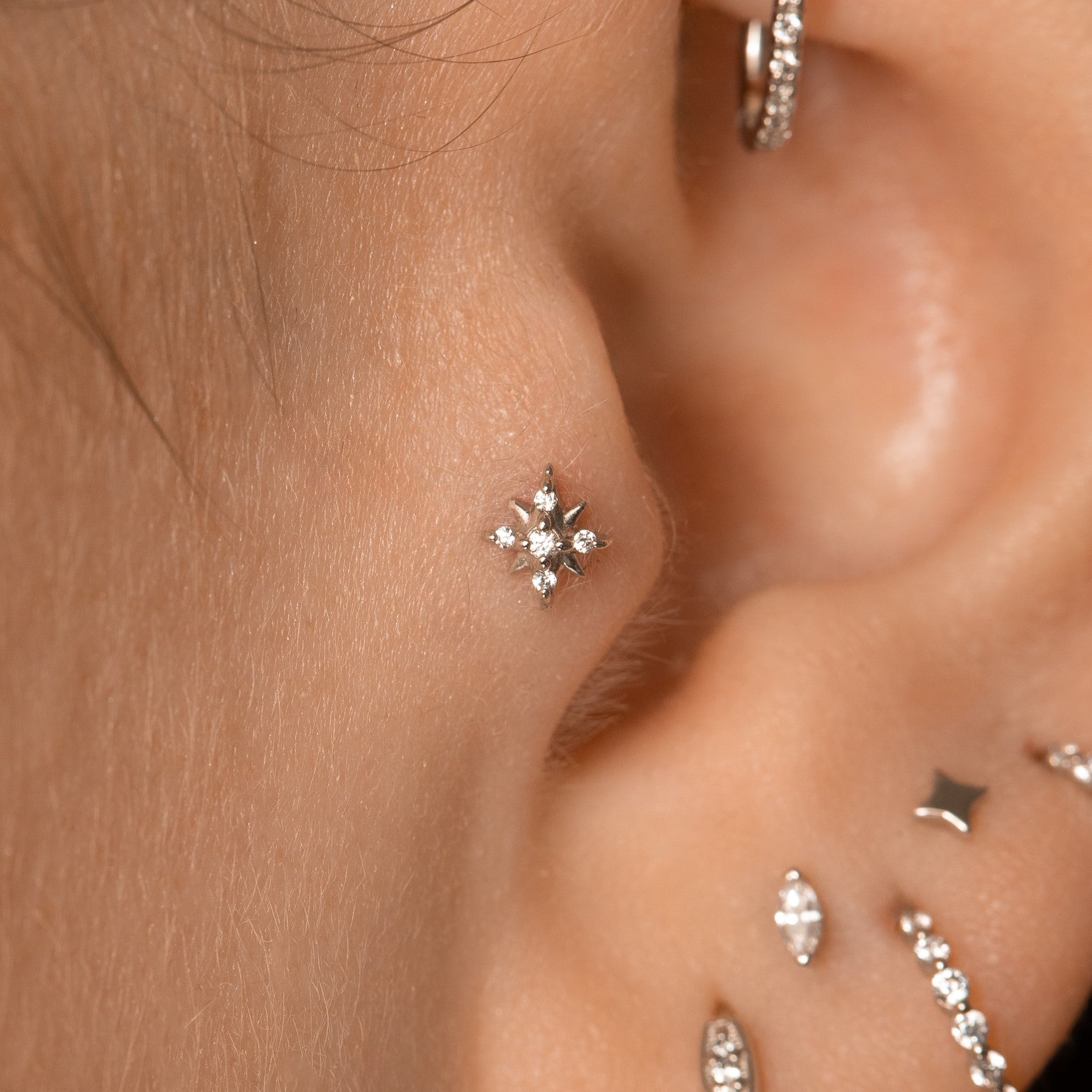 14k solid white gold Stella North Star flat back labret stud earring Cartilage Studs Laura Bond Maria Tash