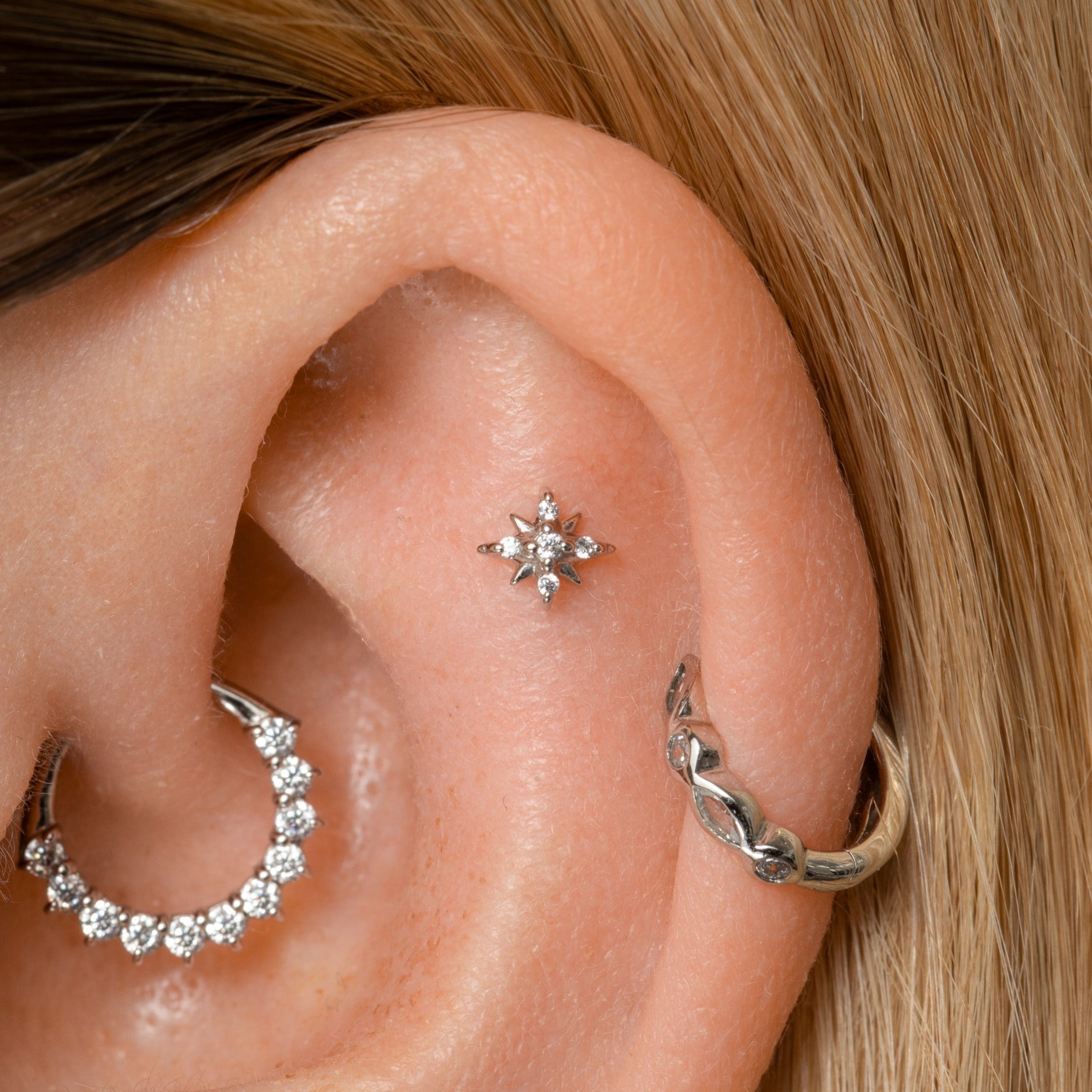 14k solid white gold Stella North Star flat back labret stud earring Cartilage Studs Laura Bond Maria Tash