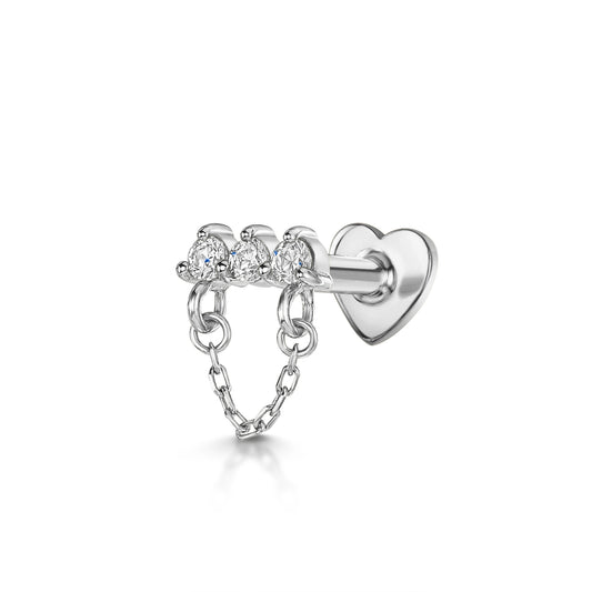 14k solid white gold triple gem chain flat back labret stud earring Cartilage Studs Laura Bond Maria Tash astrid miyu