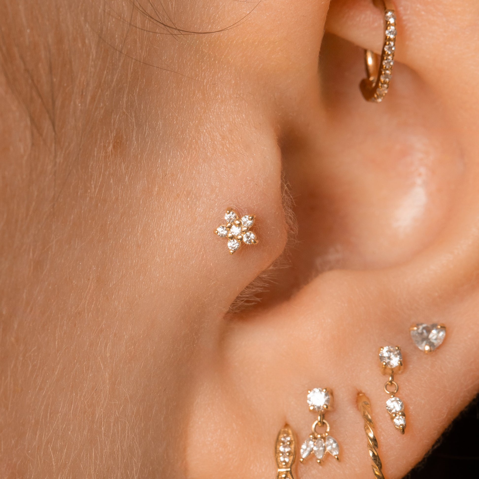 14k solid yellow gold dainty Daisy flat back labret stud earring Cartilage Studs Laura Bond Maria Tash
