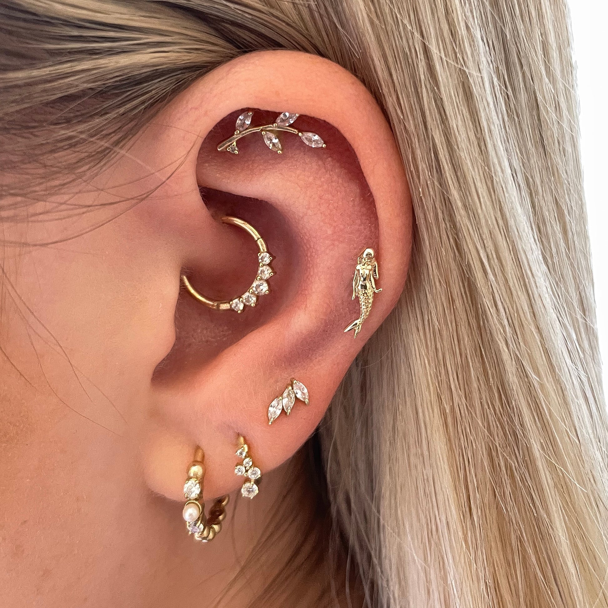 14k solid yellow gold mermaid flat back labret stud earring 8mm (left) Cartilage Studs Laura Bond Maria Tash