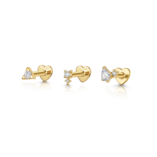 The twinkle stacking set - 9k solid yellow gold flat back labret stud earring set