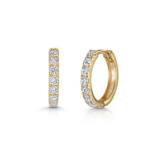 9k solid yellow gold 10mm simple crystal huggie earring pair